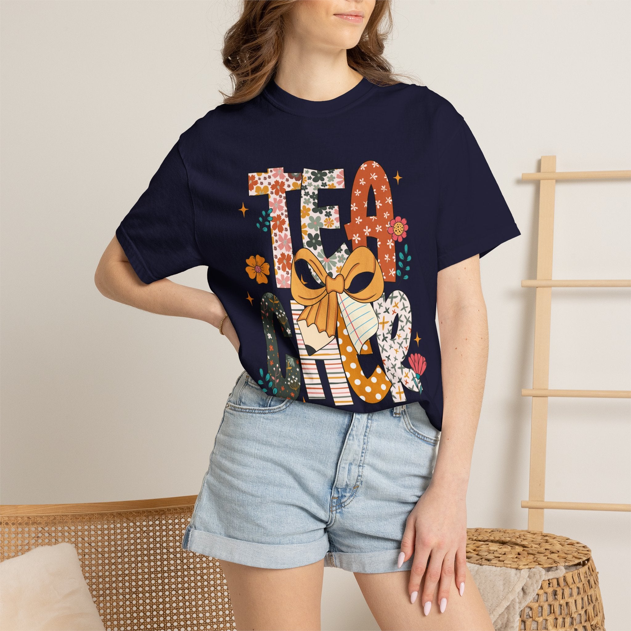 Teacher Graphic T-Shirt — Floral "Teacher" Design with Ribbon