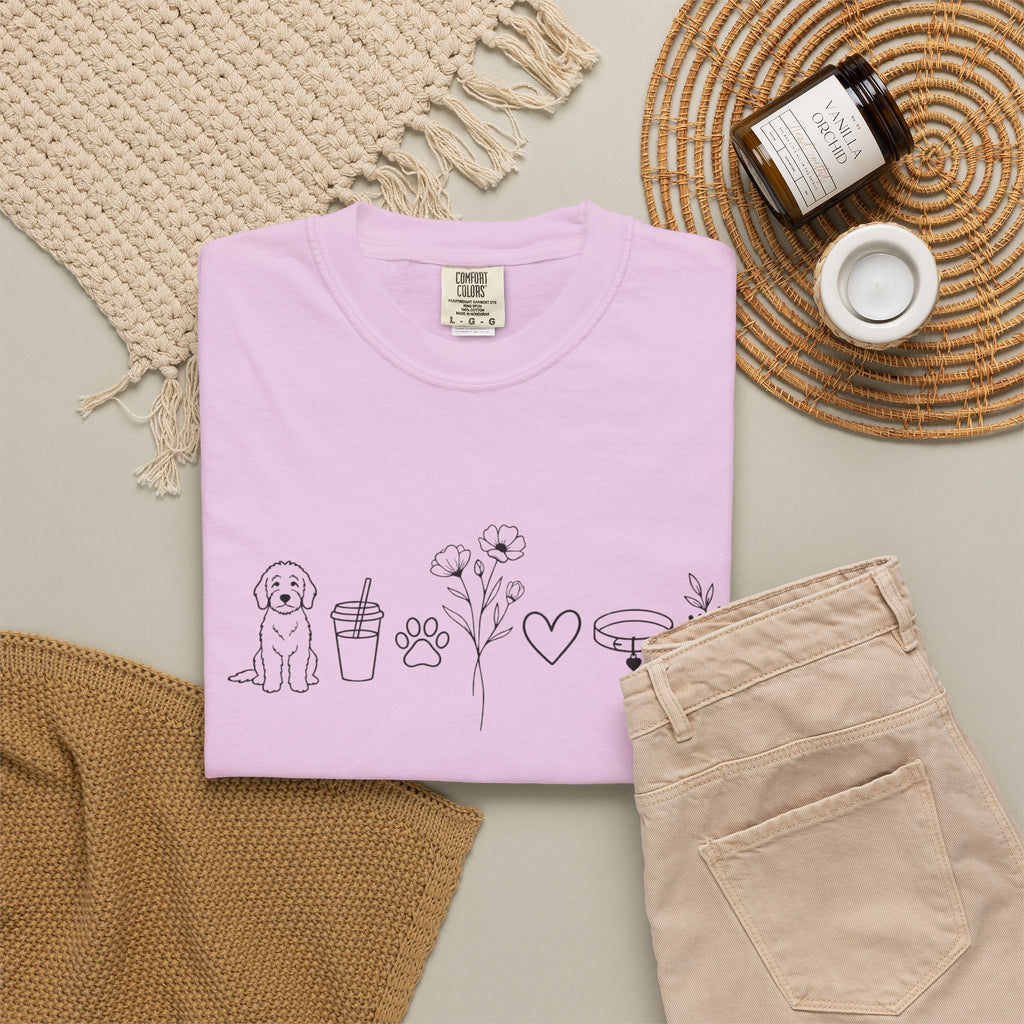 Minimal Doodle and Floral Icons T-Shirt — Coffee, Plants & Dog Line Art Tee
