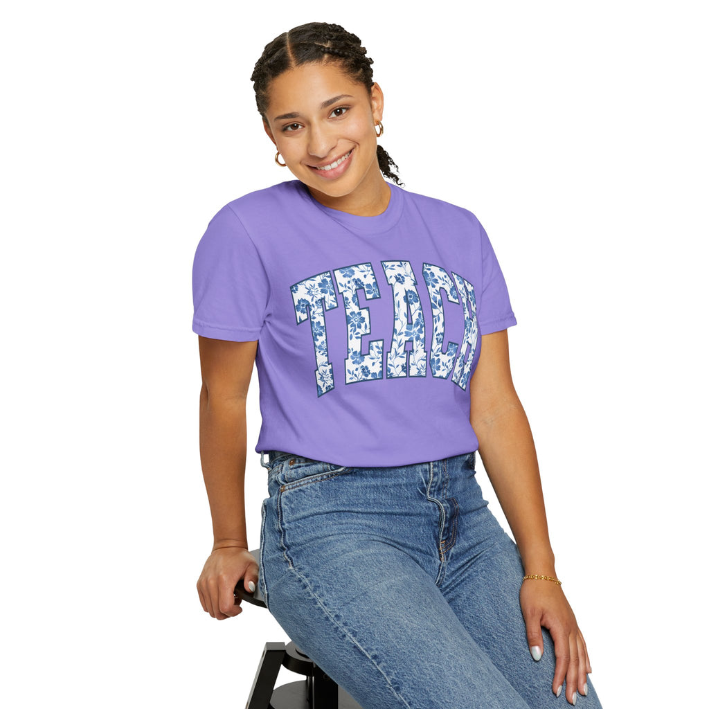 Teacher Floral Arch T-Shirt — 'TEACH' Blue Floral Print Tee