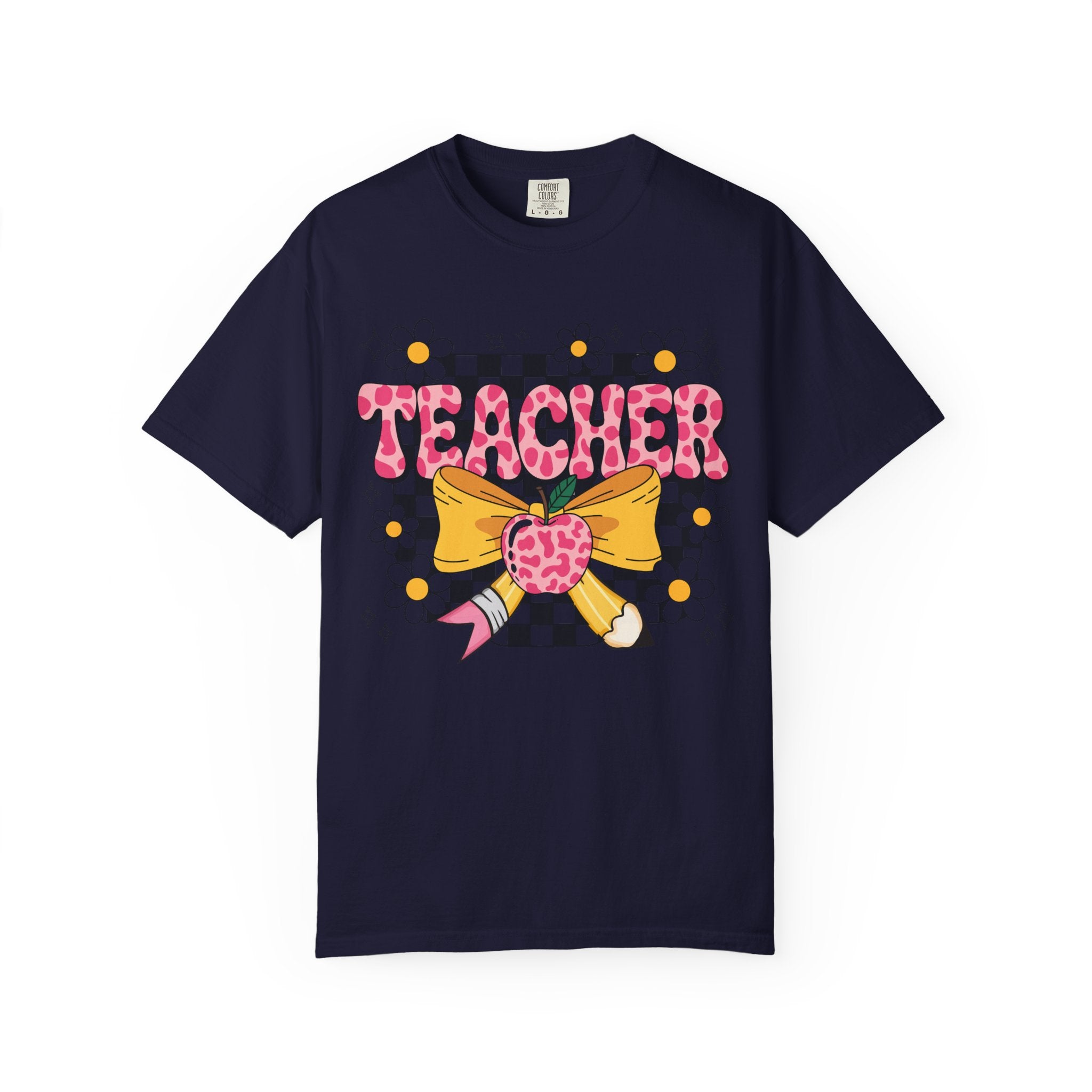 Teacher Floral Bow T‑Shirt — Cute Checkerboard & Heart Design for Educators