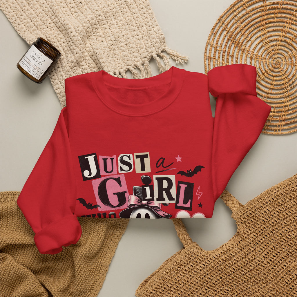 Halloween Sweatshirt — "Just a Girl Who Loves Halloween" Cute Ghost & Pumpkin Crewneck