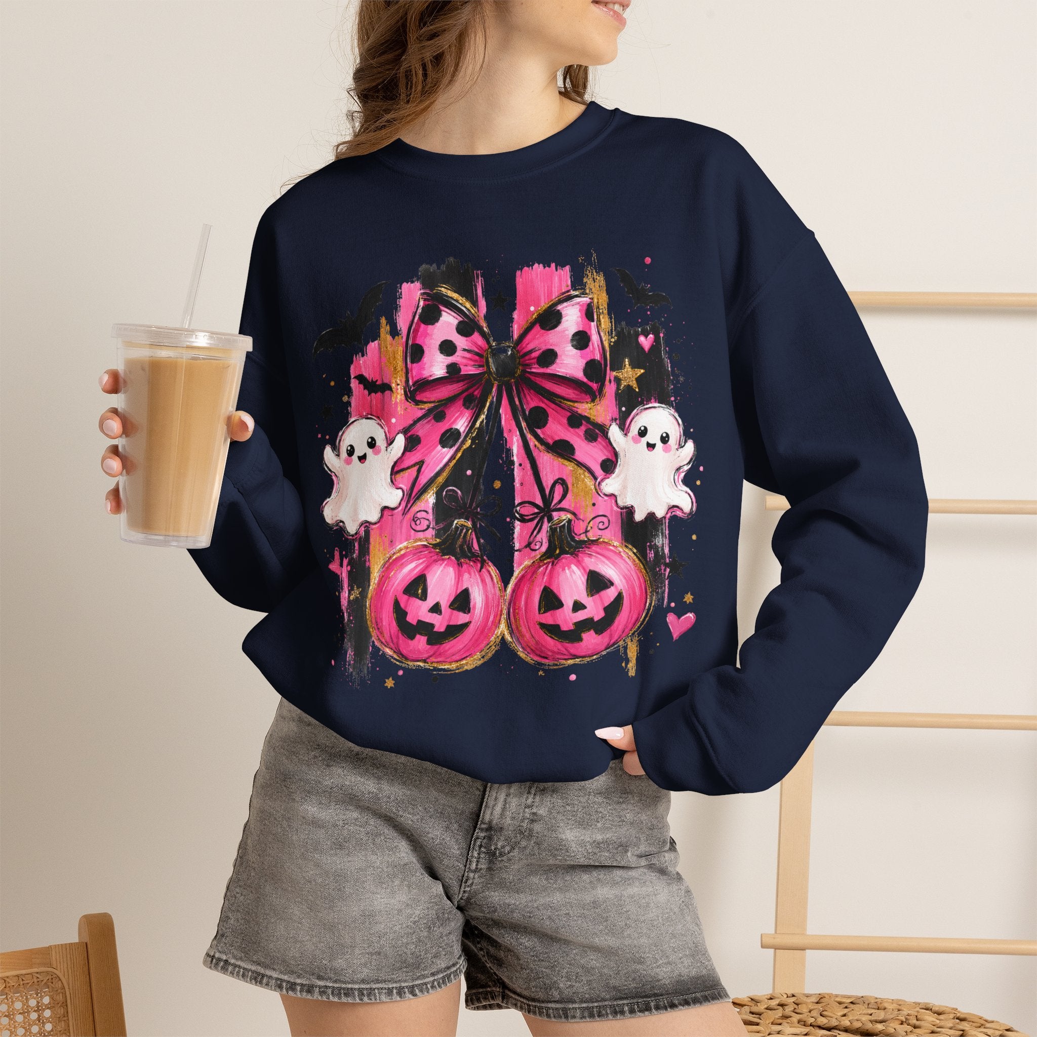 Halloween Pink Pumpkins Crewneck Sweatshirt — Cute Ghosts & Polka Dot Bow Design