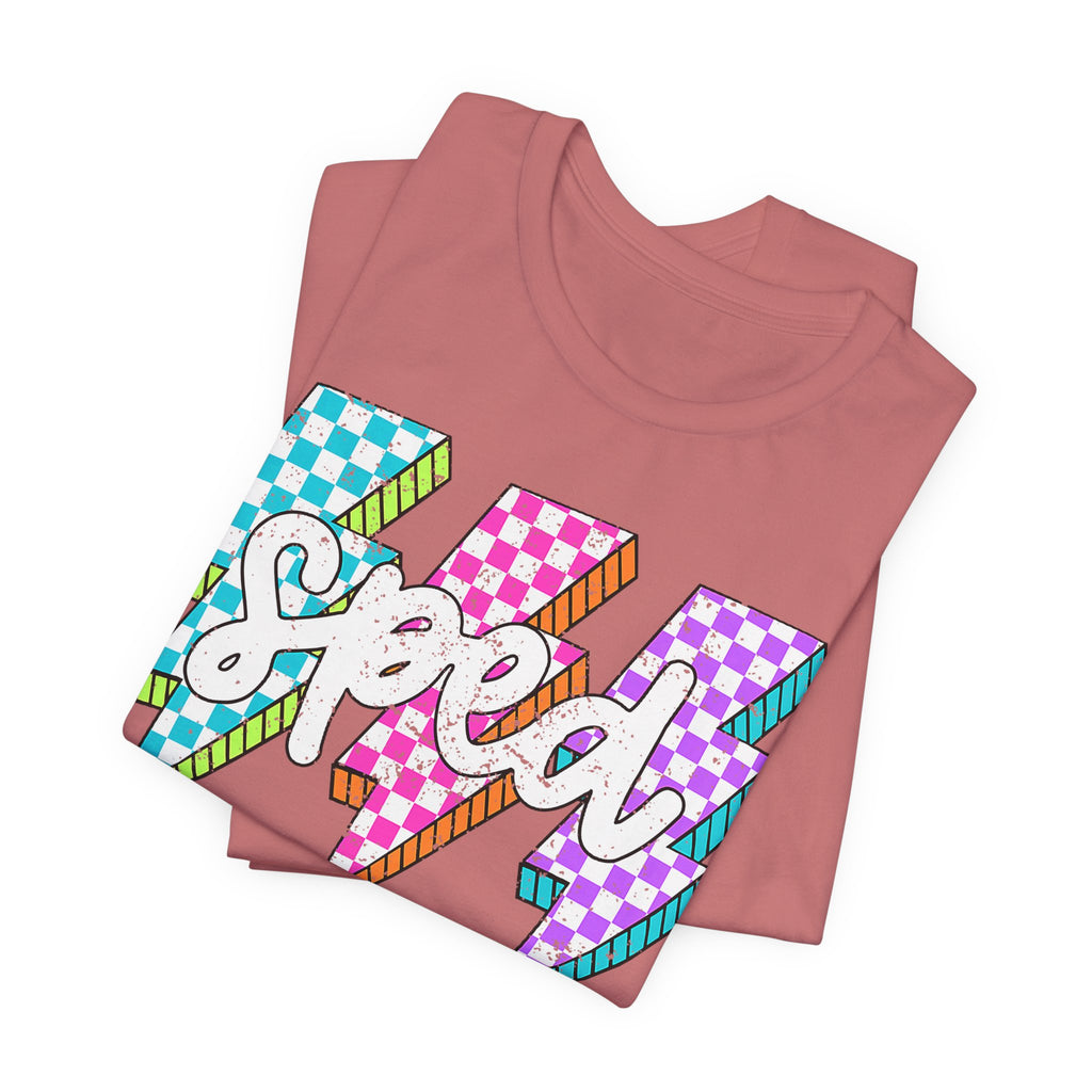 Speed Lightning Tee — Retro Checkerboard Bolt Graphic T-Shirt