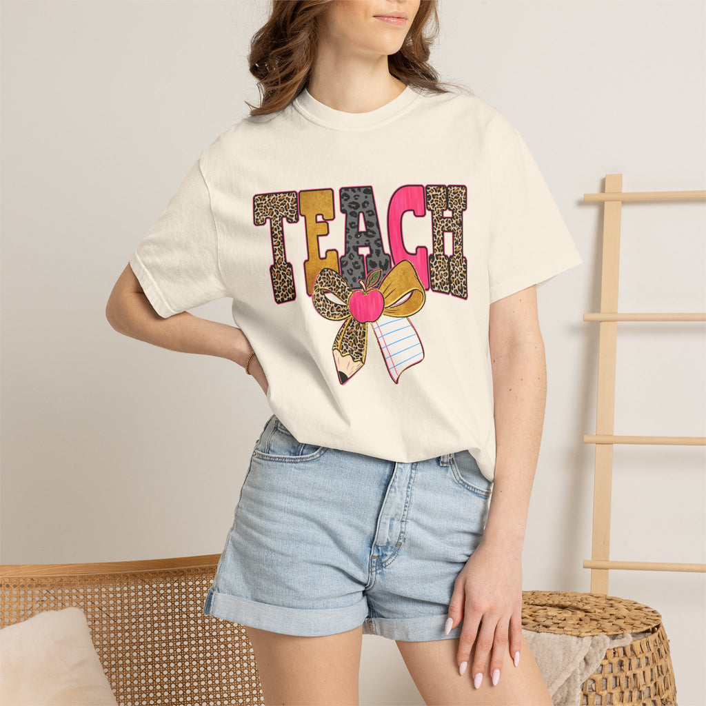 Teacher Graphic Tee — 'TEACH' Leopard Print Pencil Bow Design