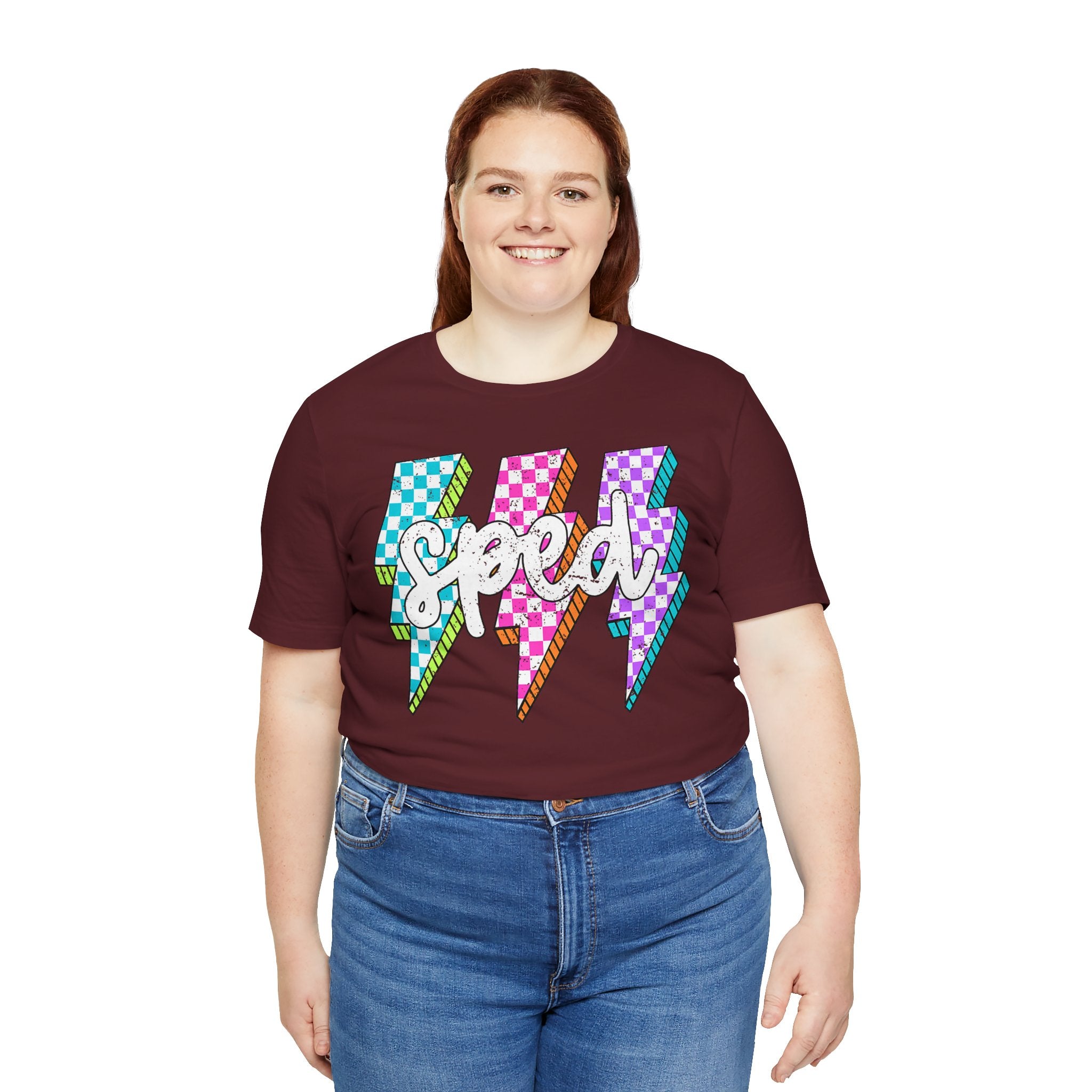 Speed Lightning Tee — Retro Checkerboard Bolt Graphic T-Shirt