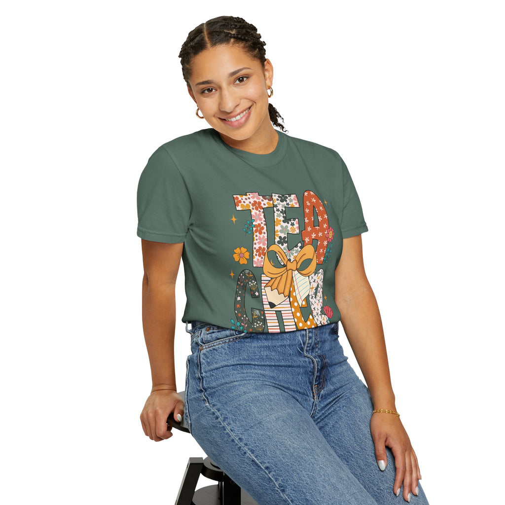 Teacher Graphic T-Shirt — Floral "Teacher" Design with Ribbon