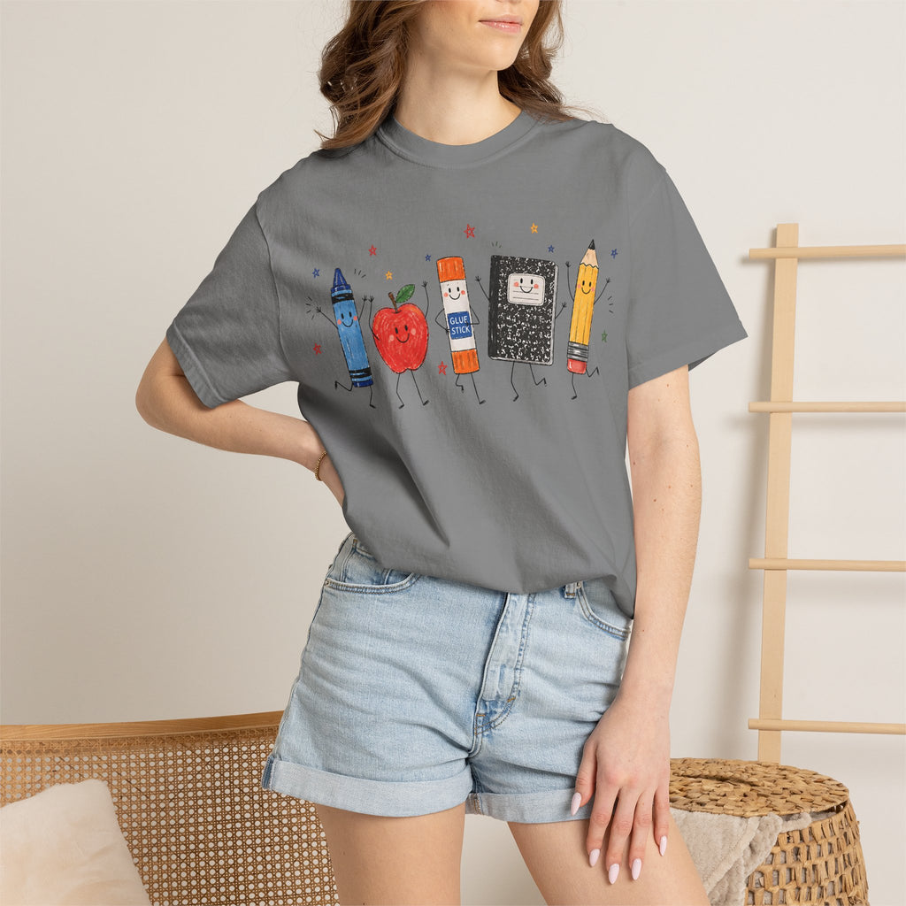 Cute School Supplies Teacher T-Shirt — Happy Apple, Crayon & Pencil Graphic Tee