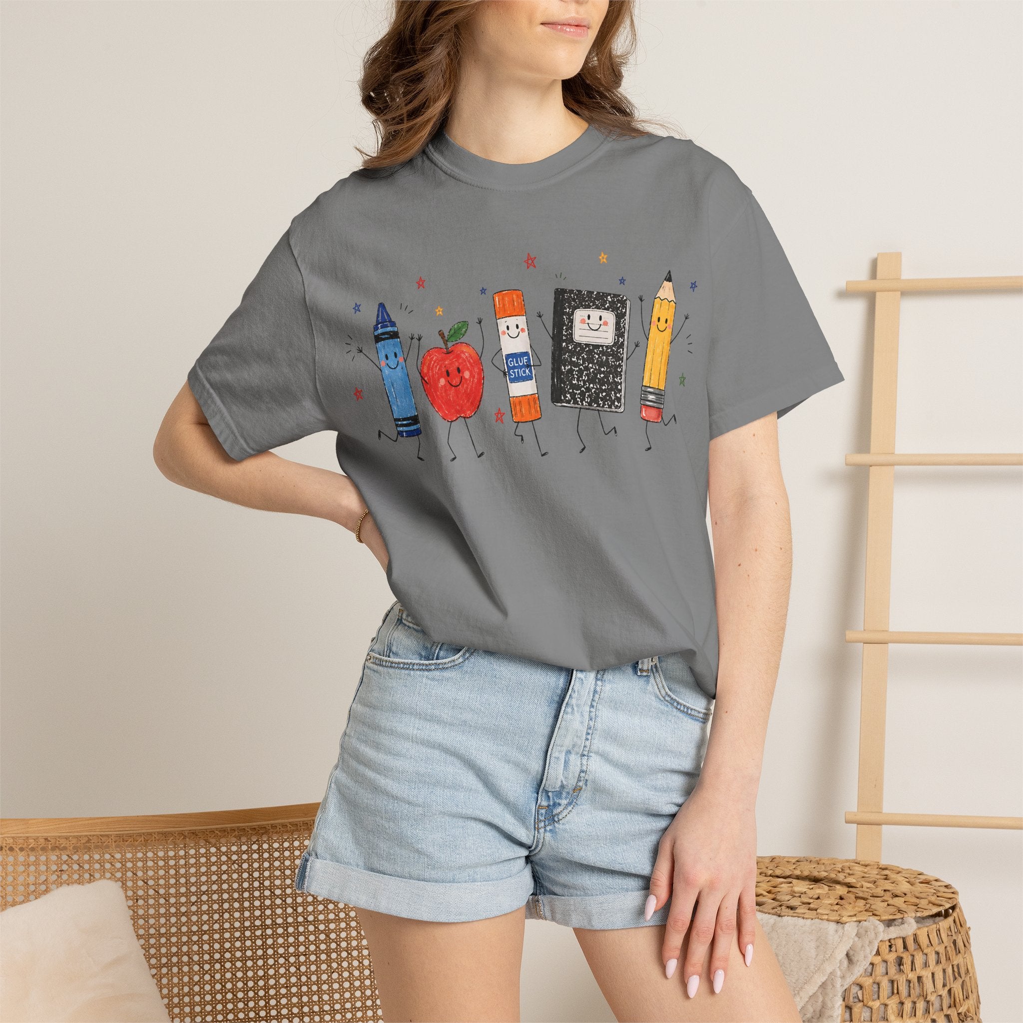 Cute School Supplies Teacher T-Shirt — Happy Apple, Crayon & Pencil Graphic Tee