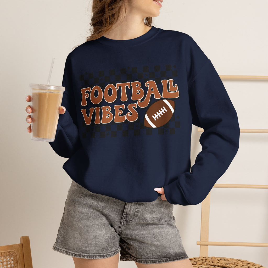 Football Vibes Crewneck Sweatshirt — Retro Checkerboard Football Graphic