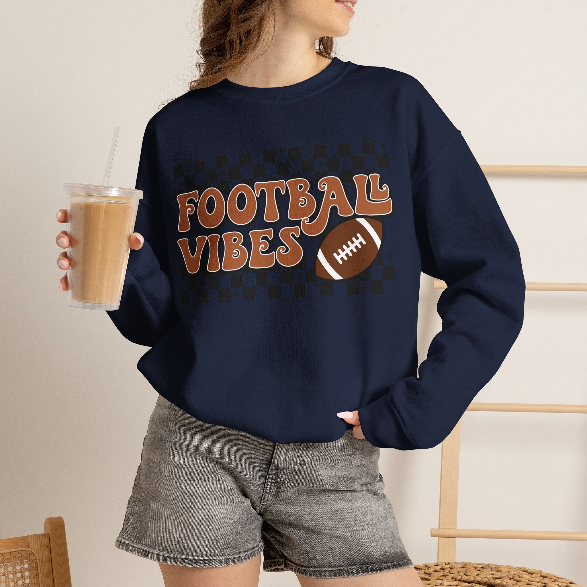 Football Vibes Crewneck Sweatshirt — Retro Checkerboard Football Graphic