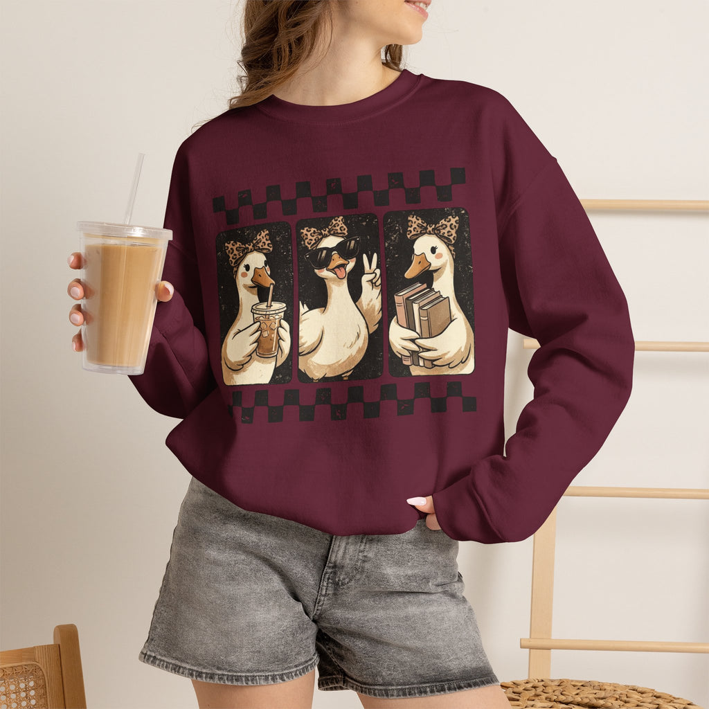 Duck Trio Crewneck Sweatshirt — Vintage Checkered Retro Goose Illustration
