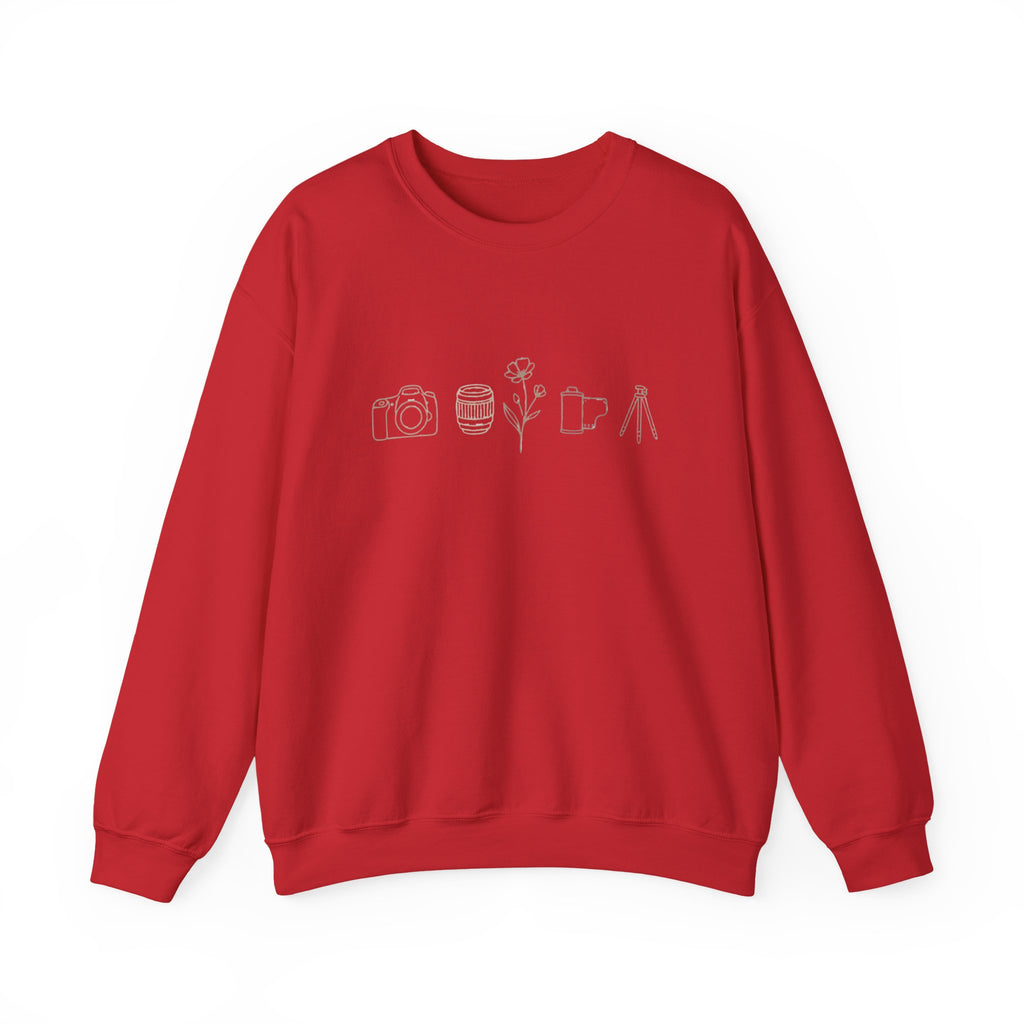 Photography Icons Crewneck Sweatshirt — Minimal Camera, Lens, Film & Tripod Design