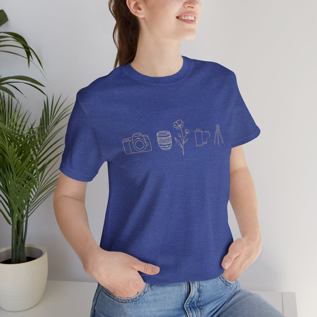 Photography Icons Tee — Minimal Camera, Film, Flower & Tripod Graphic Shirt