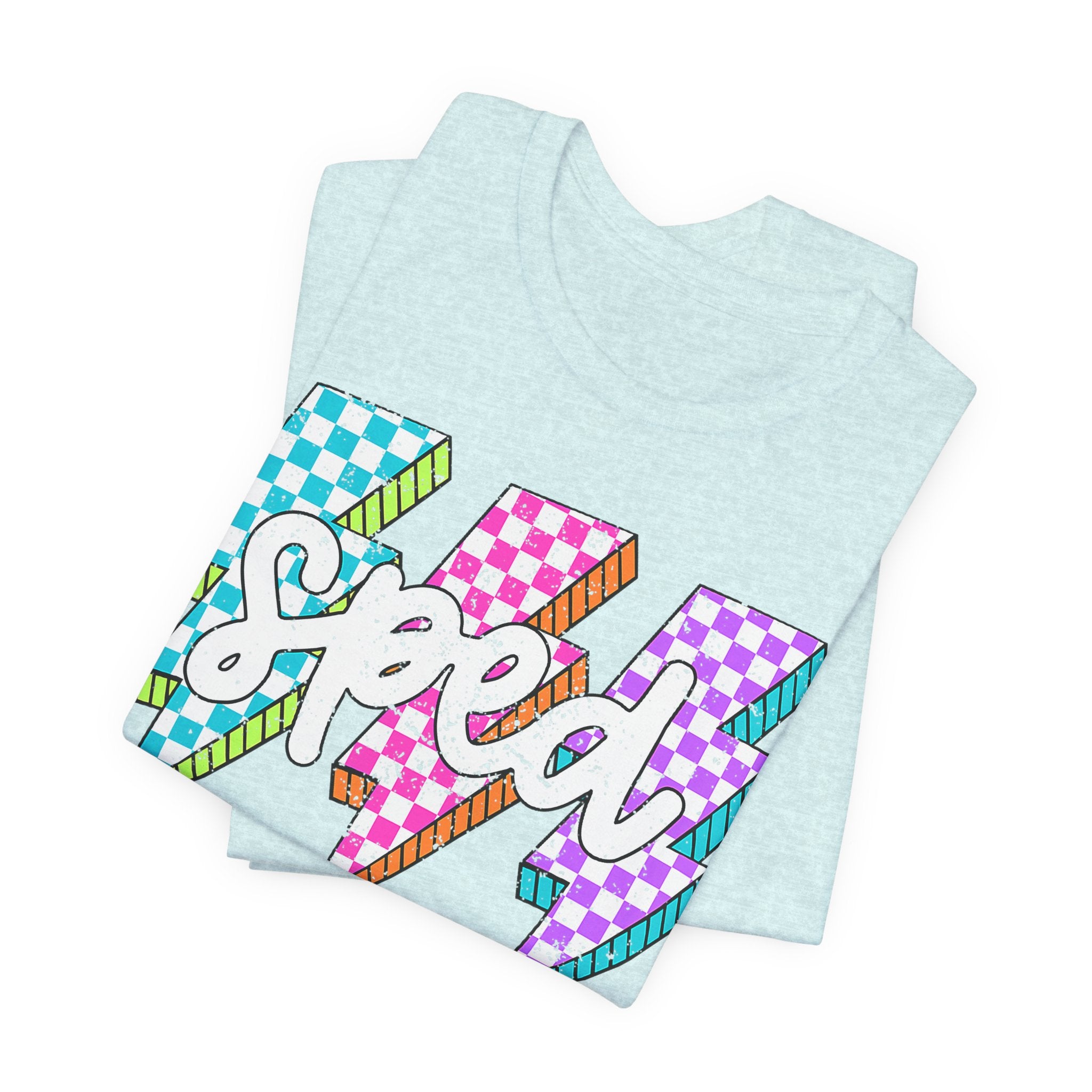 Speed Lightning Tee — Retro Checkerboard Bolt Graphic T-Shirt