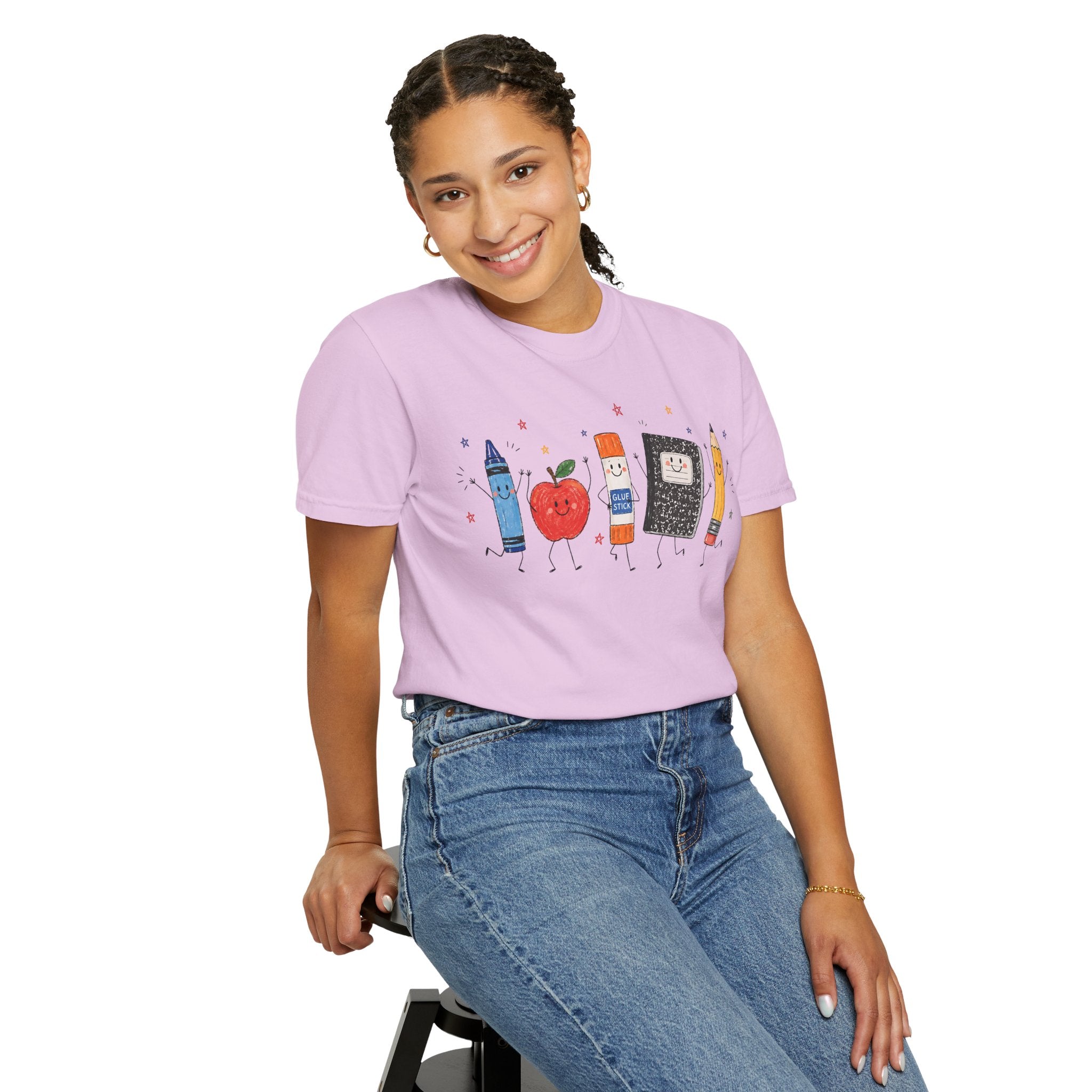 Cute School Supplies Teacher T-Shirt — Happy Apple, Crayon & Pencil Graphic Tee