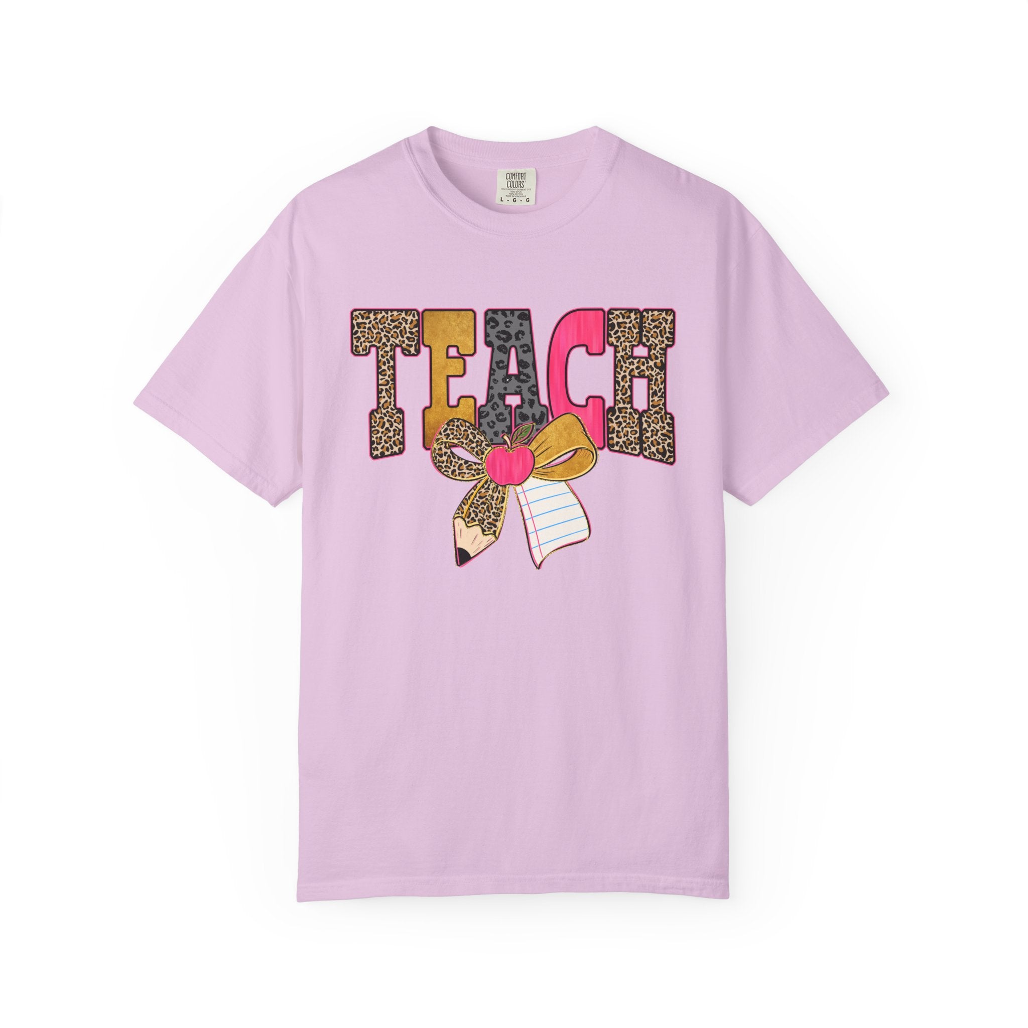 Teacher Graphic Tee — 'TEACH' Leopard Print Pencil Bow Design