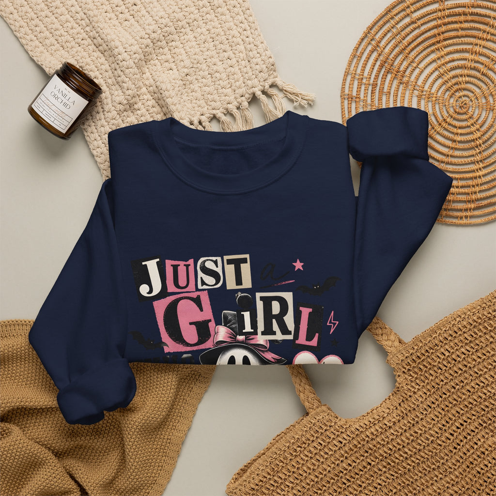 Halloween Sweatshirt — "Just a Girl Who Loves Halloween" Cute Ghost & Pumpkin Crewneck