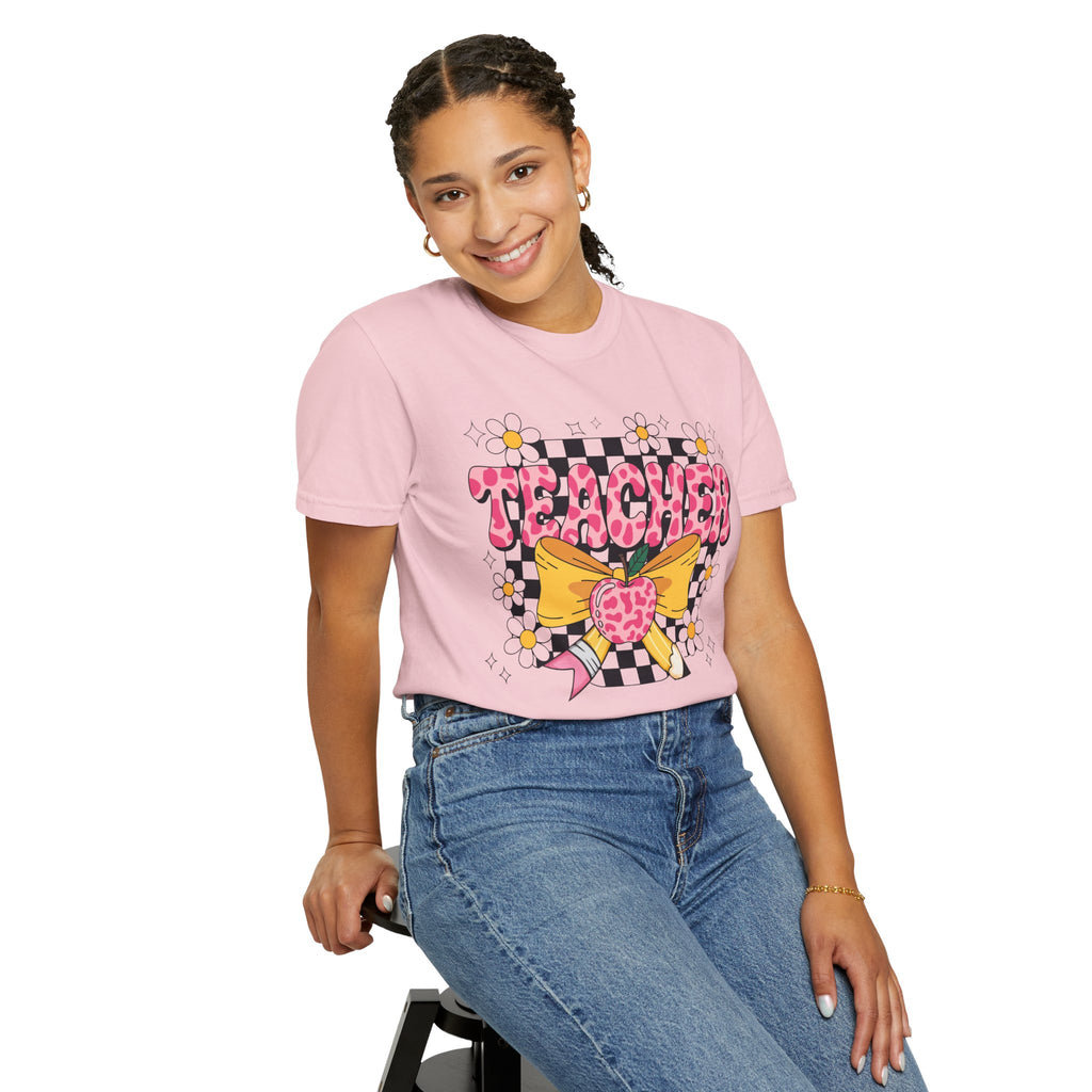Teacher Floral Bow T‑Shirt — Cute Checkerboard & Heart Design for Educators