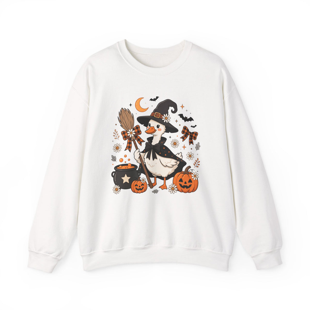 Halloween Duck Witch Crewneck Sweatshirt — Cute Pumpkin & Cauldron Graphic