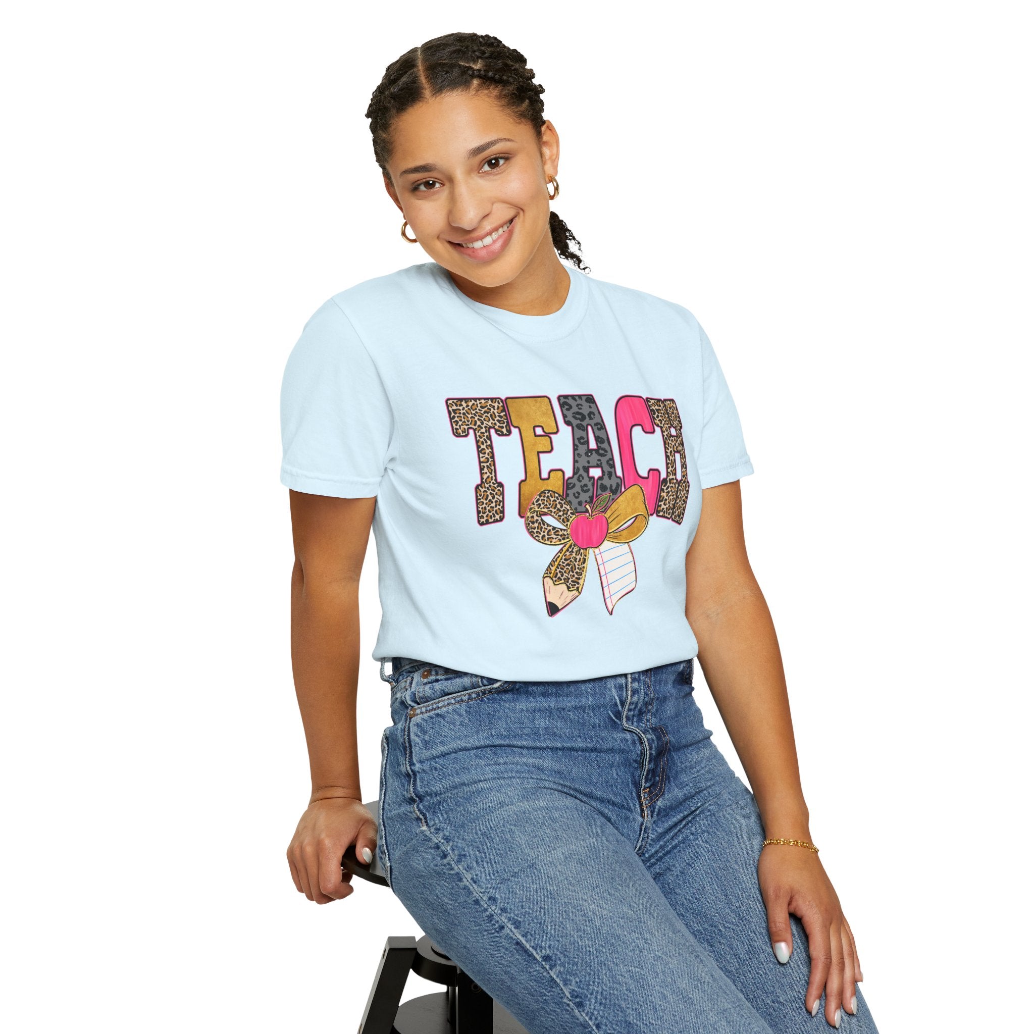 Teacher Graphic Tee — 'TEACH' Leopard Print Pencil Bow Design
