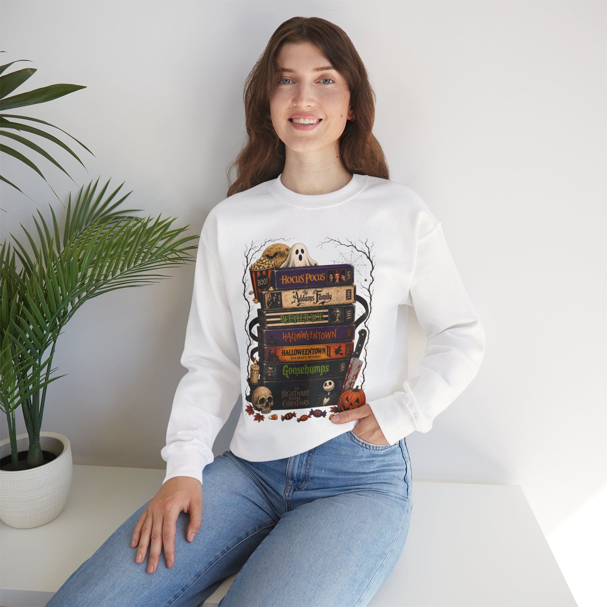 Halloween Book Stack Crewneck Sweatshirt — Spooky Classics Stack with Pumpkin & Skulls