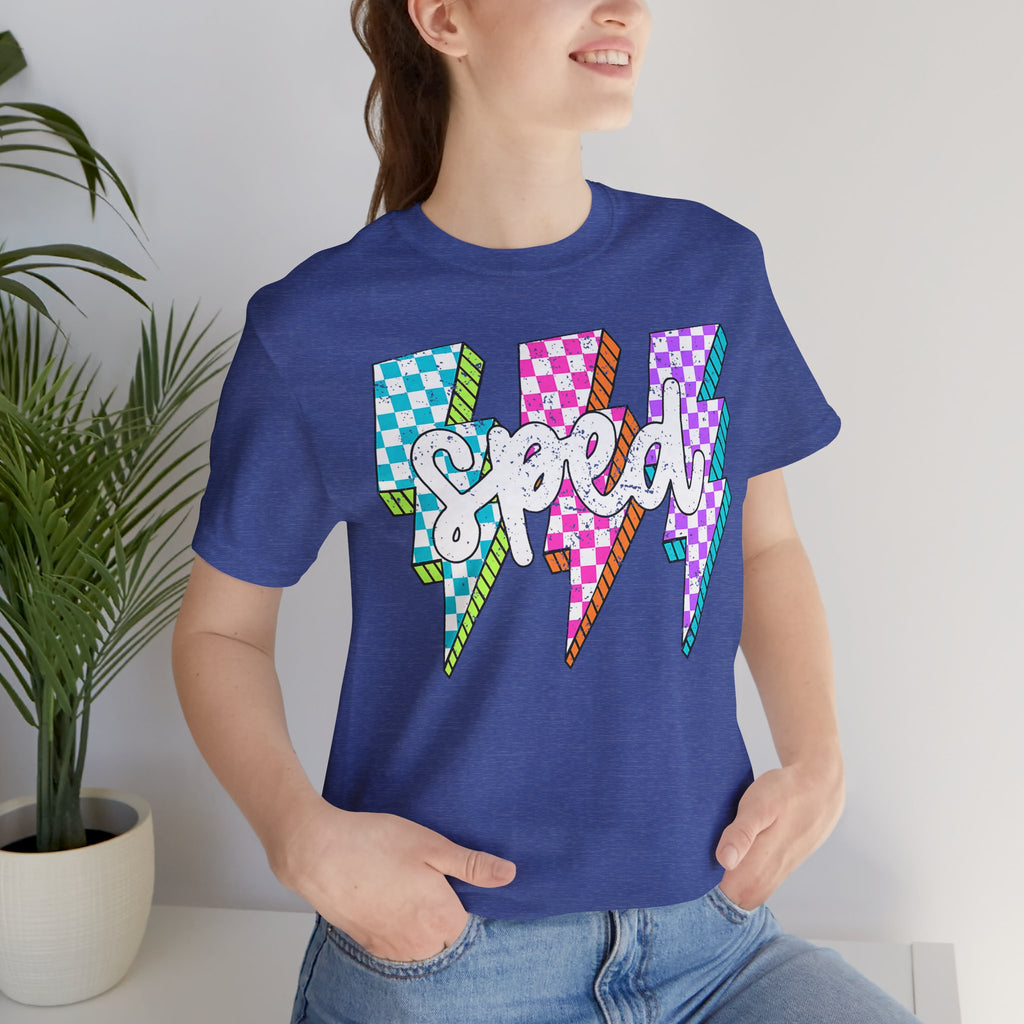 Speed Lightning Tee — Retro Checkerboard Bolt Graphic T-Shirt