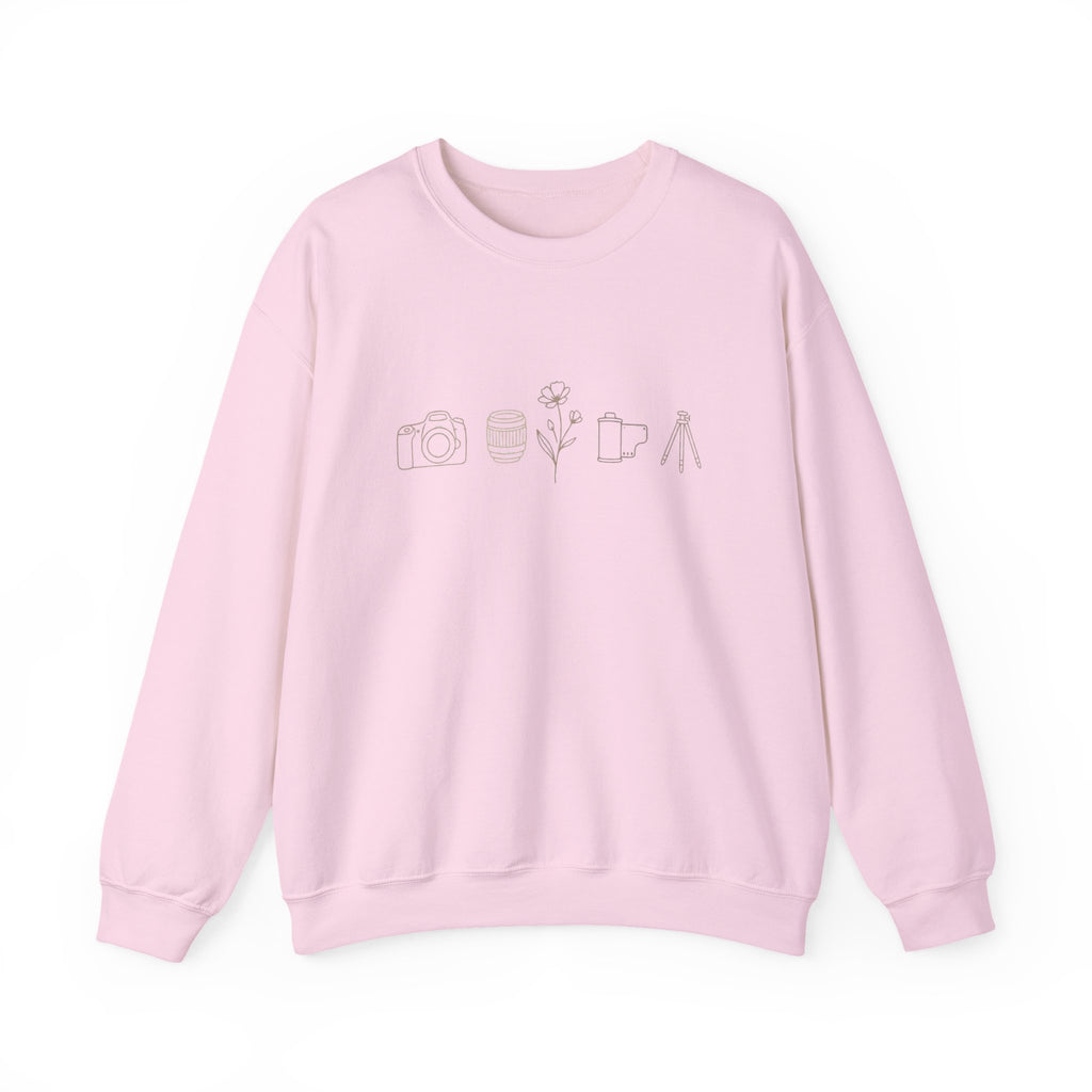 Photography Icons Crewneck Sweatshirt — Minimal Camera, Lens, Film & Tripod Design