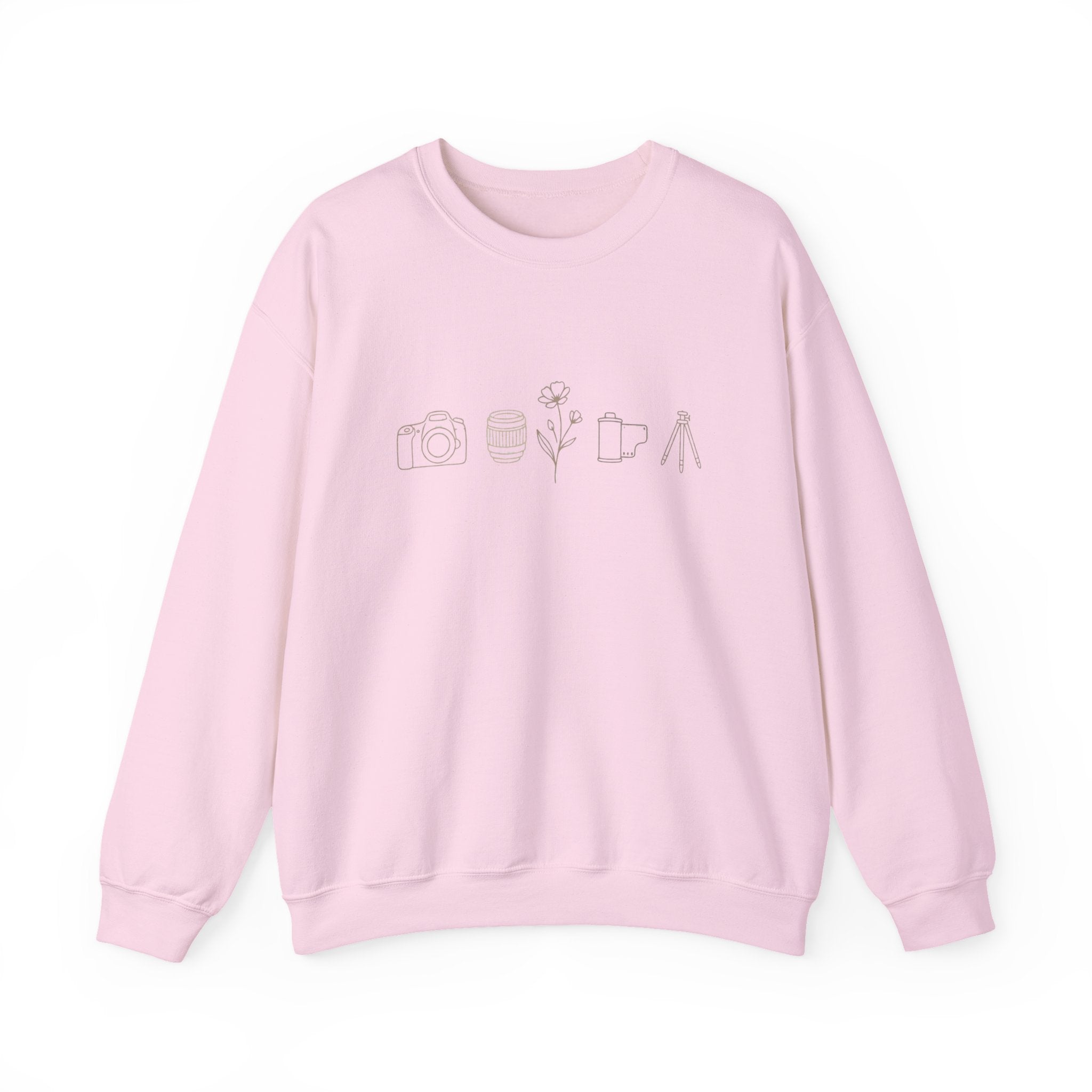 Photography Icons Crewneck Sweatshirt — Minimal Camera, Lens, Film & Tripod Design