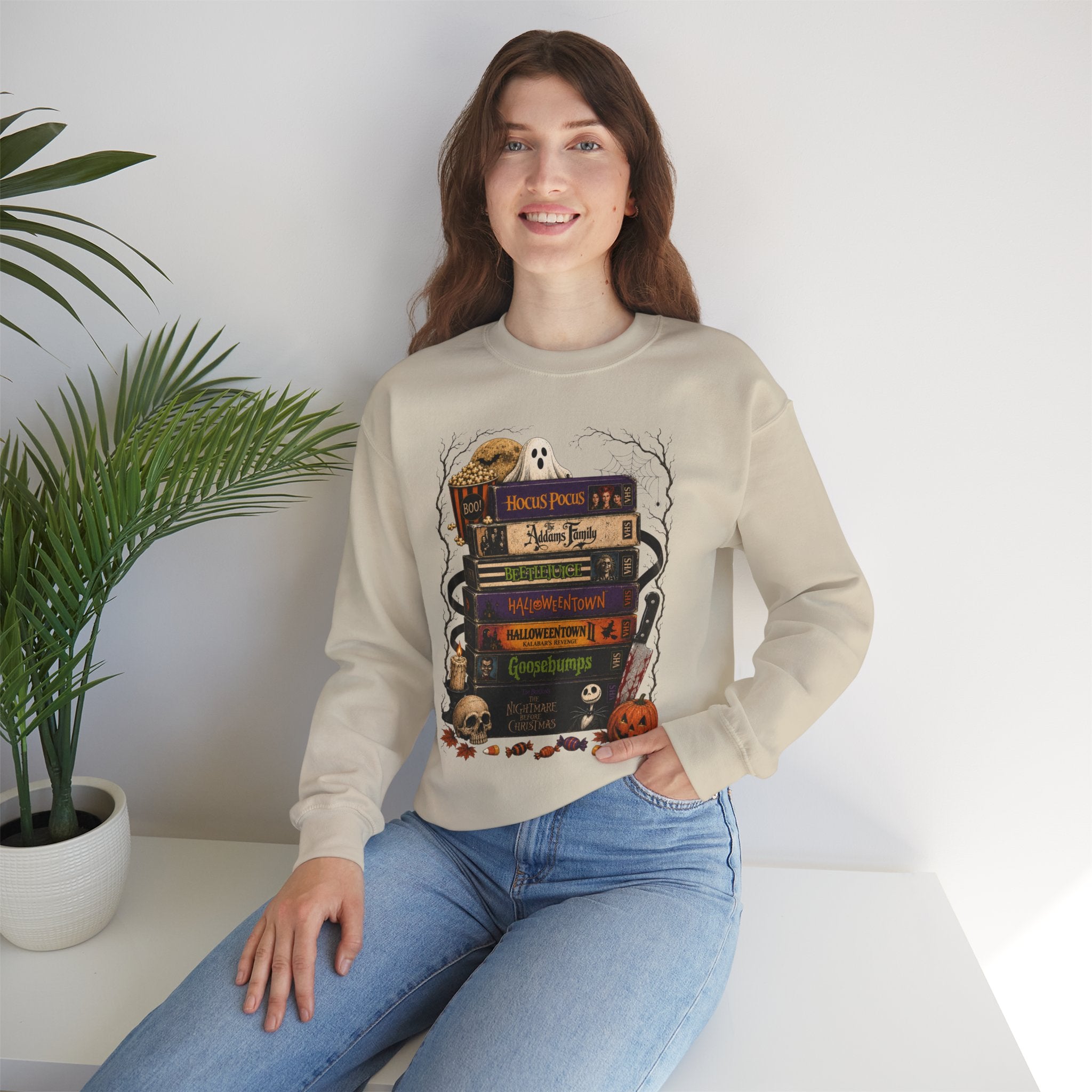 Halloween Book Stack Crewneck Sweatshirt — Spooky Classics Stack with Pumpkin & Skulls