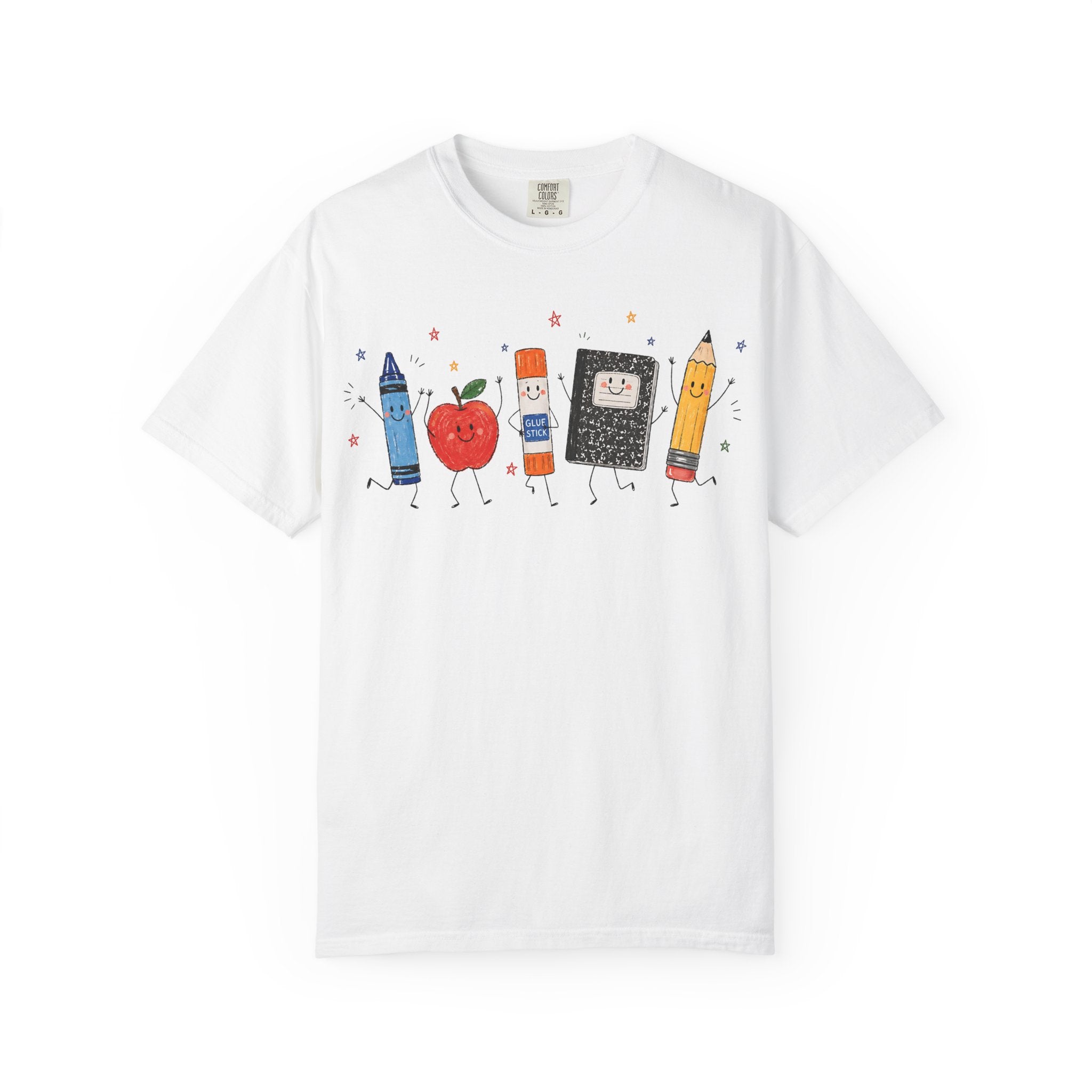 Cute School Supplies Teacher T-Shirt — Happy Apple, Crayon & Pencil Graphic Tee