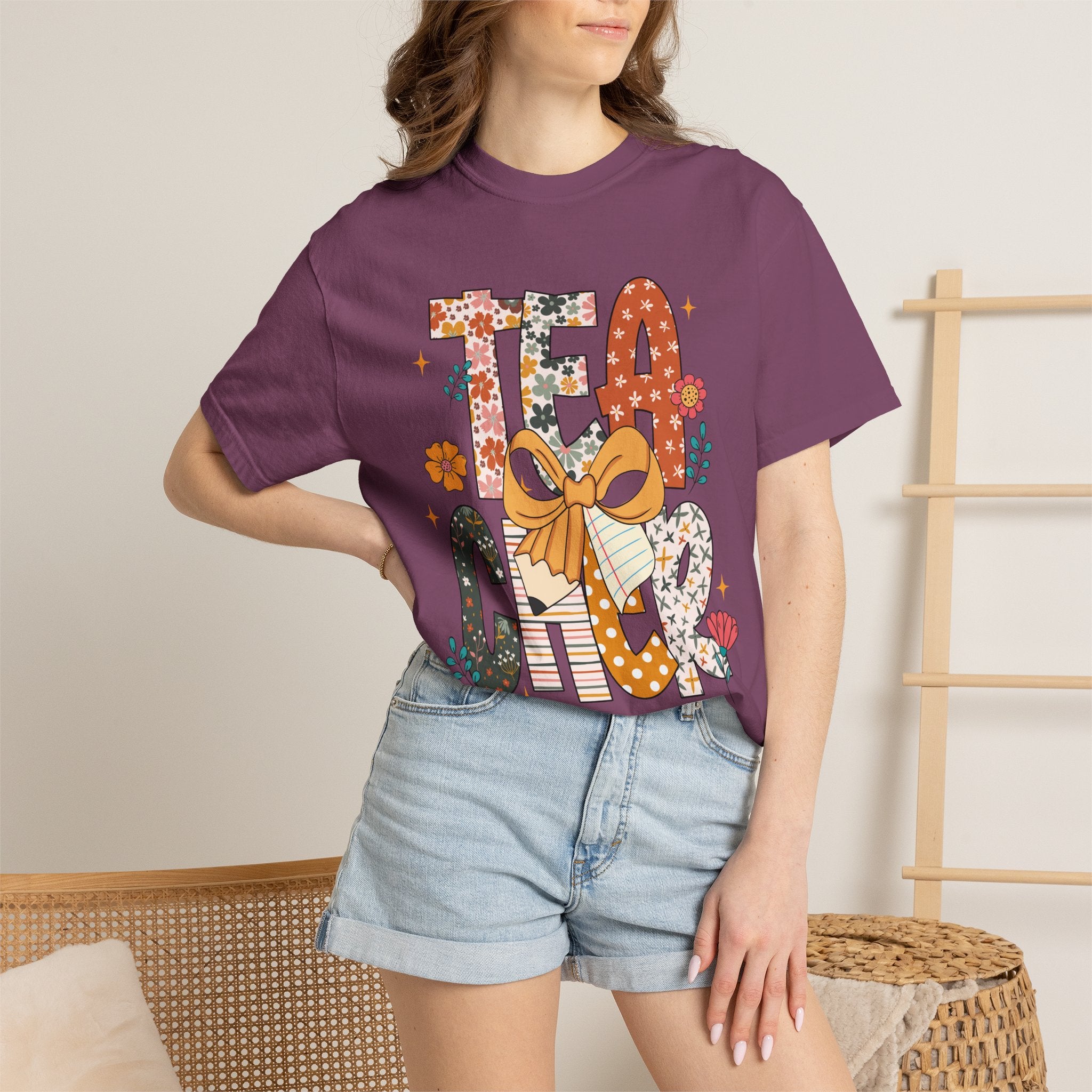Teacher Graphic T-Shirt — Floral "Teacher" Design with Ribbon