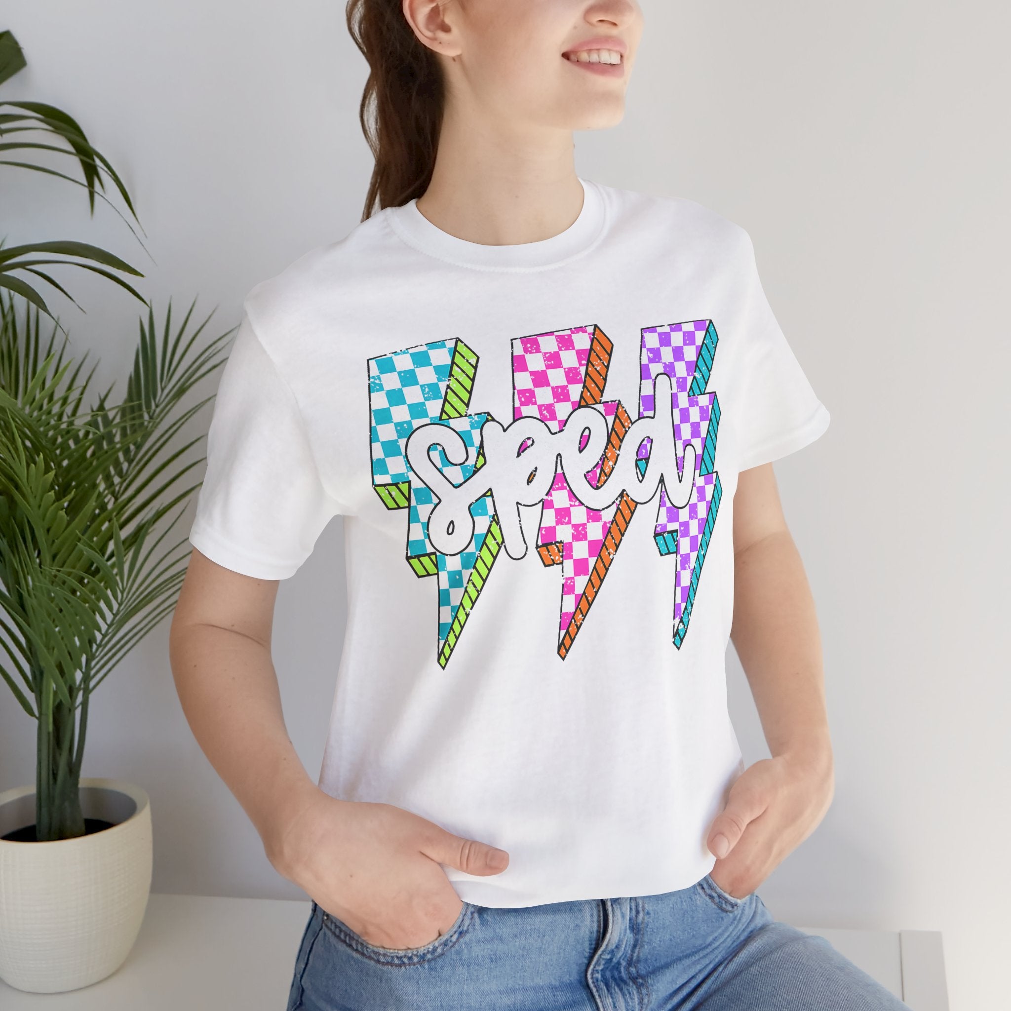 Speed Lightning Tee — Retro Checkerboard Bolt Graphic T-Shirt