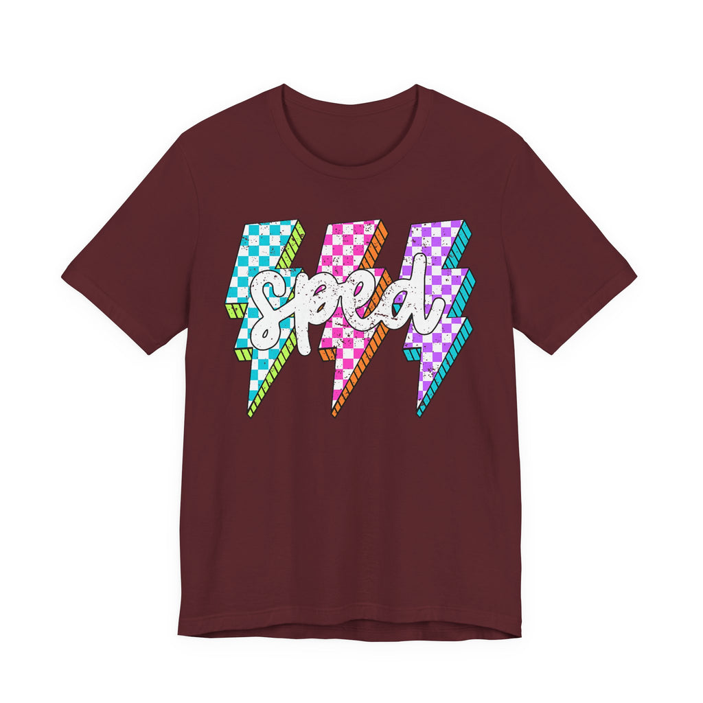 Speed Lightning Tee — Retro Checkerboard Bolt Graphic T-Shirt