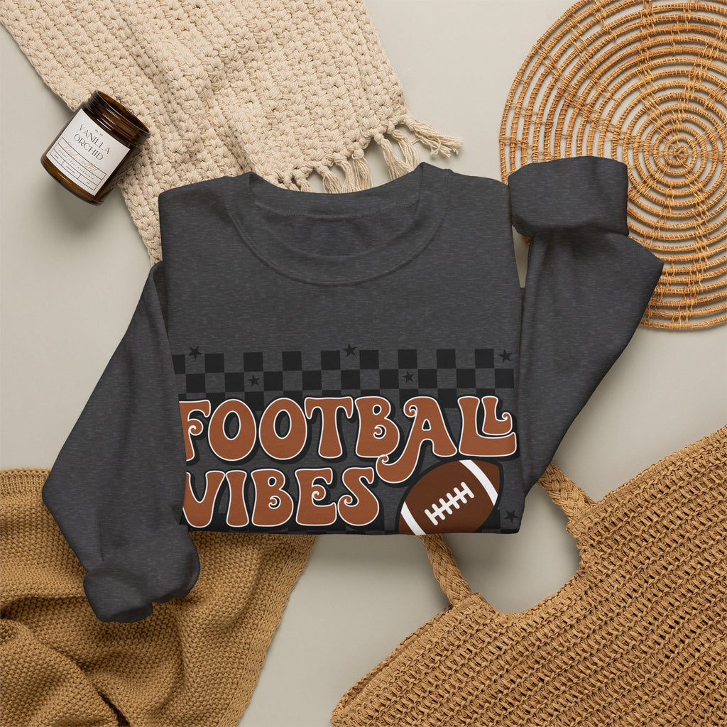 Football Vibes Crewneck Sweatshirt — Retro Checkerboard Football Graphic