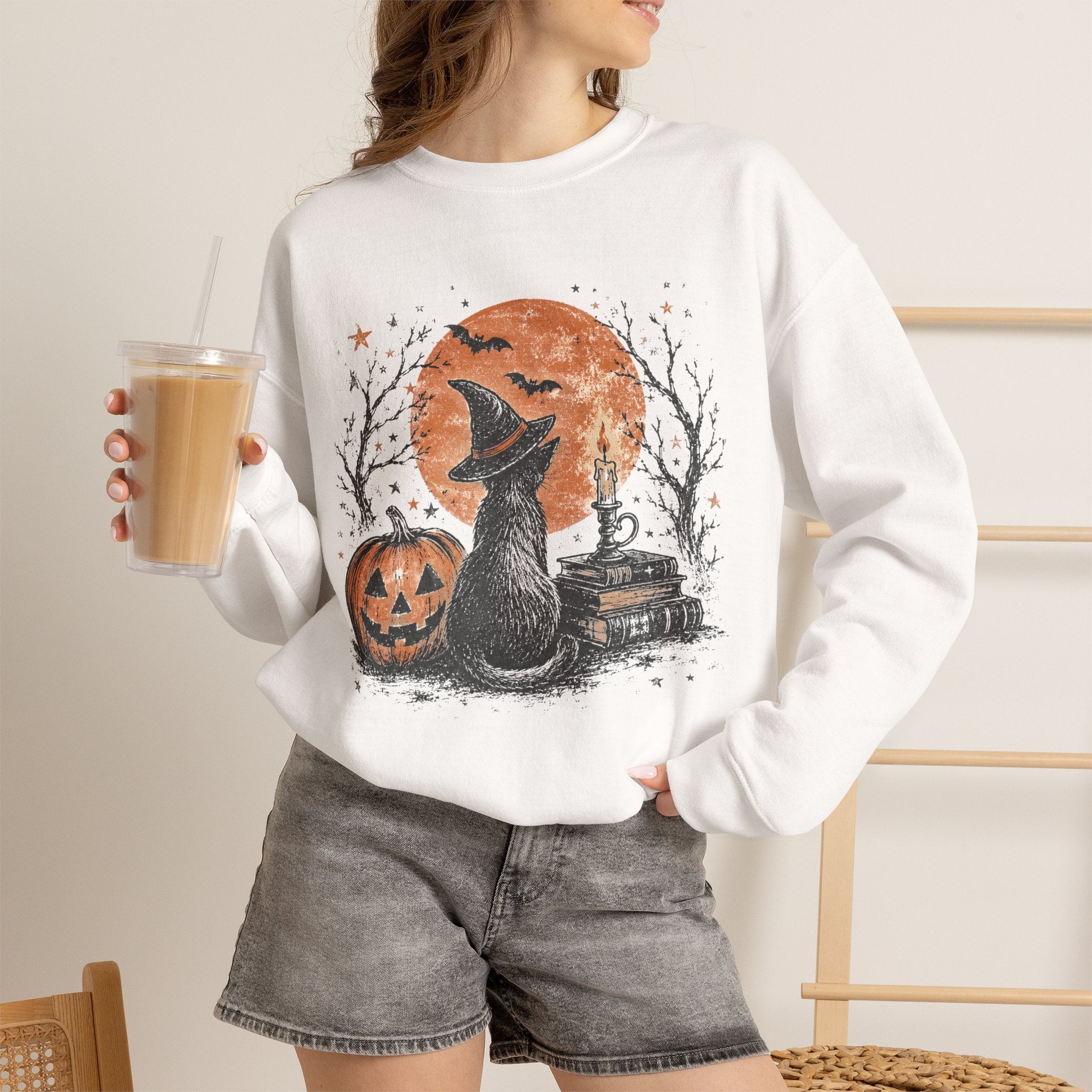 Crewneck Sweatshirt — Halloween Cat Witch Moon Graphic