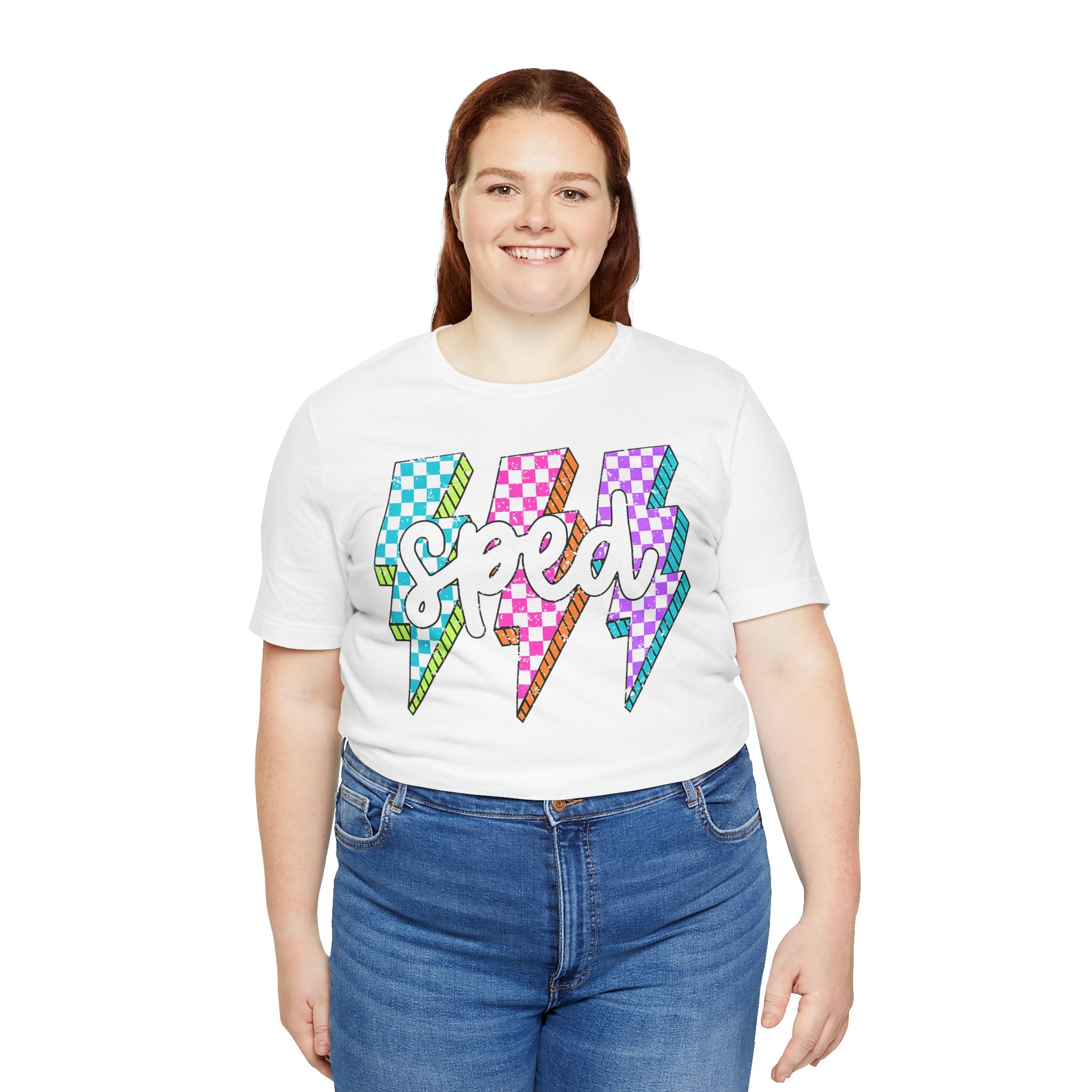 Speed Lightning Tee — Retro Checkerboard Bolt Graphic T-Shirt
