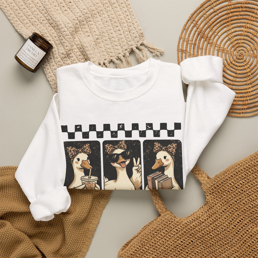 Duck Trio Crewneck Sweatshirt — Vintage Checkered Retro Goose Illustration