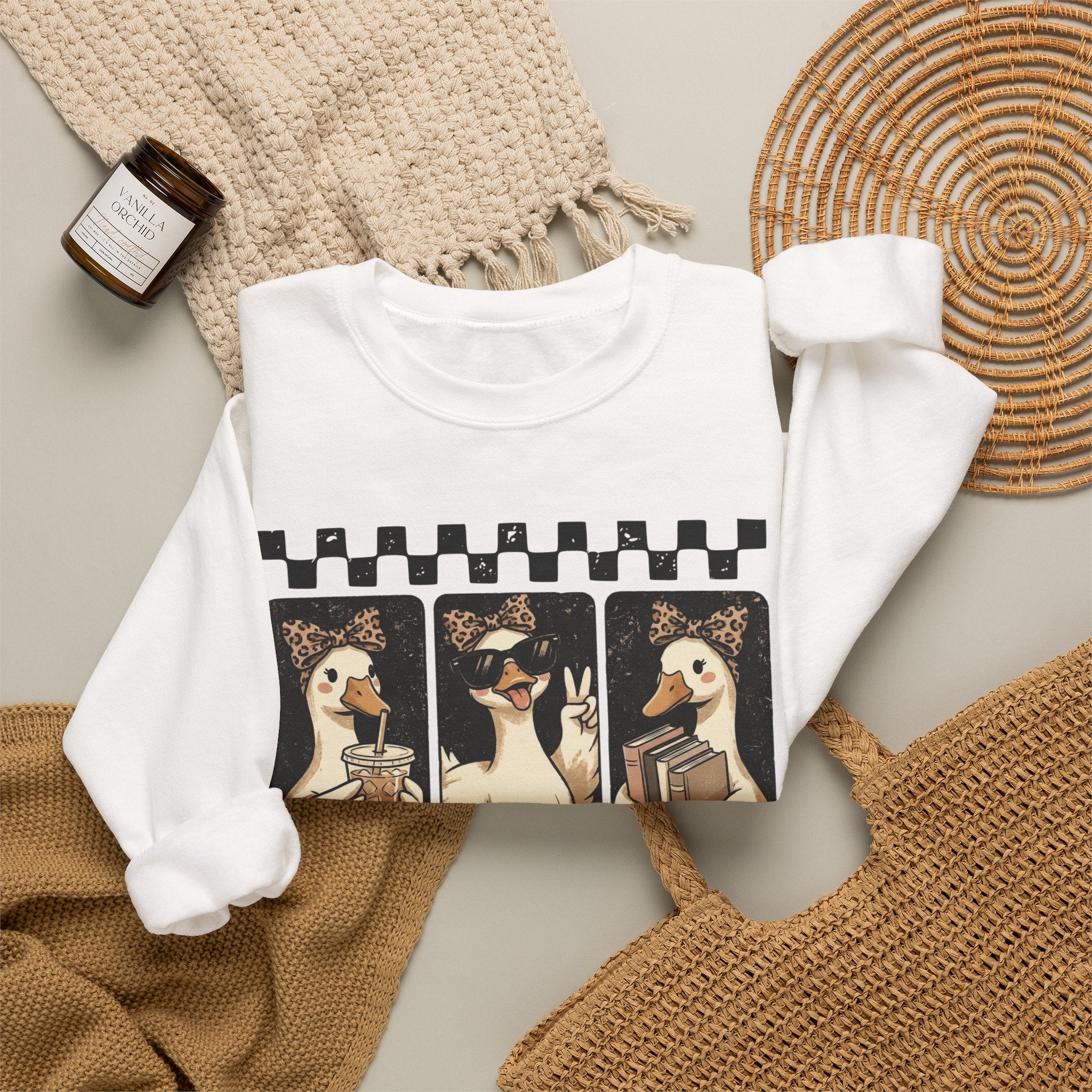Duck Trio Crewneck Sweatshirt — Vintage Checkered Retro Goose Illustration