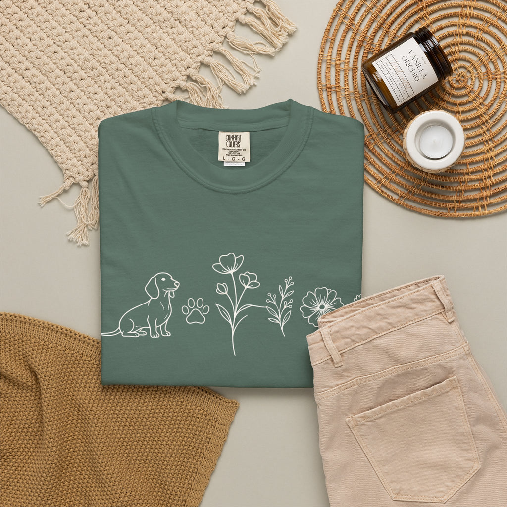 Floral Dachschund Line Art T-Shirt — Minimal Dog & Wildflower Tee