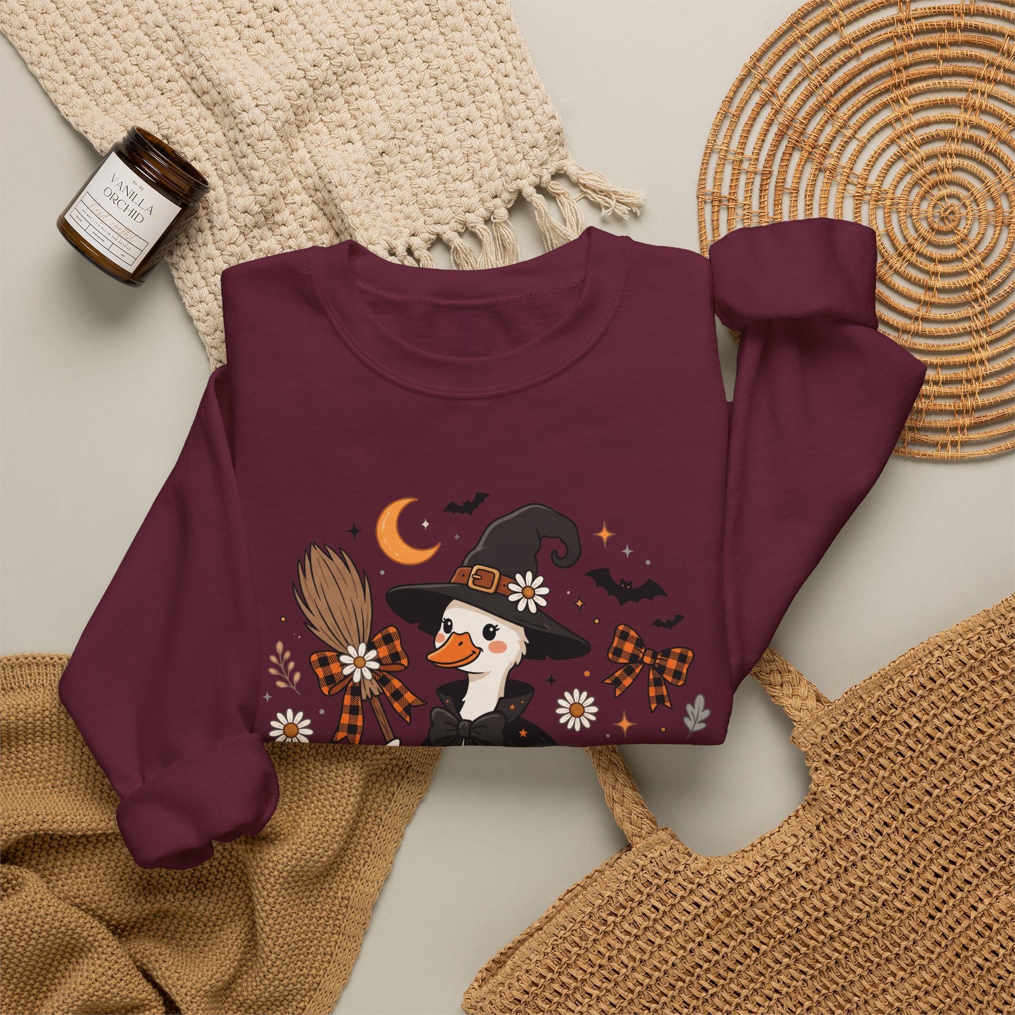 Halloween Duck Witch Crewneck Sweatshirt — Cute Pumpkin & Cauldron Graphic