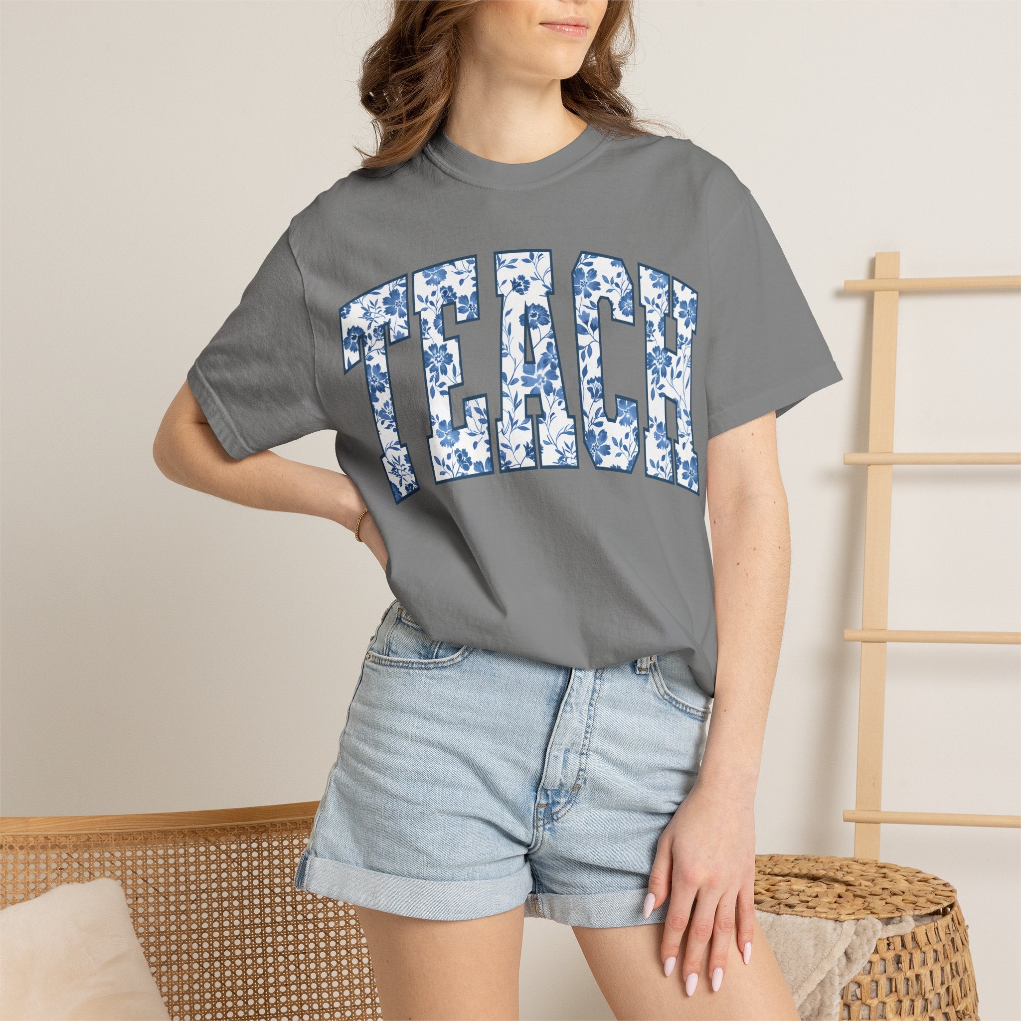 Teacher Floral Arch T-Shirt — 'TEACH' Blue Floral Print Tee