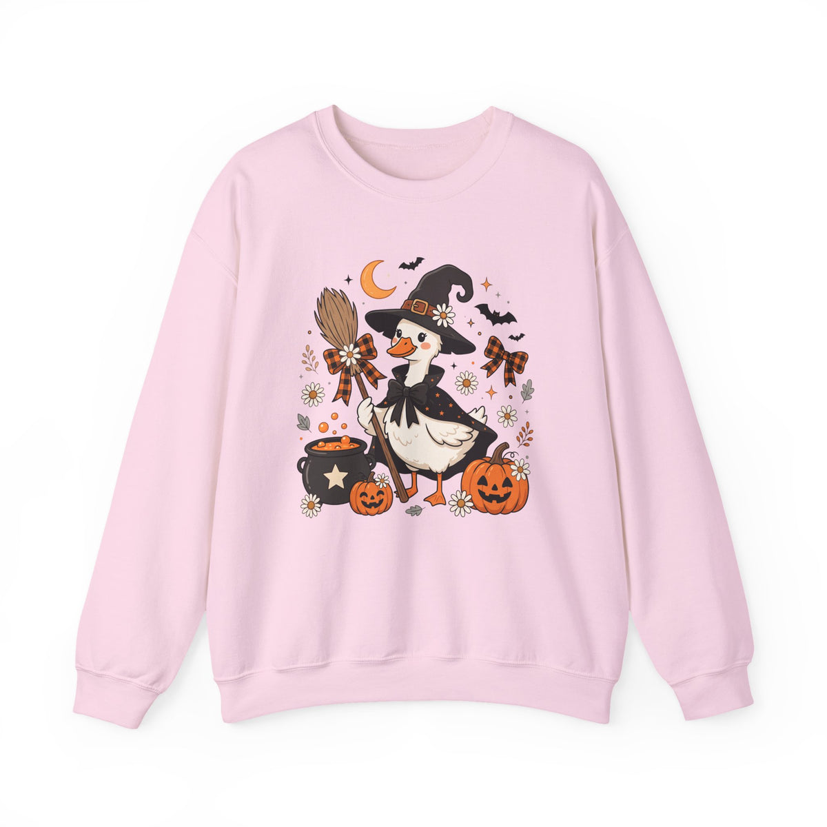 Halloween Duck Witch Crewneck Sweatshirt — Cute Pumpkin & Cauldron Graphic