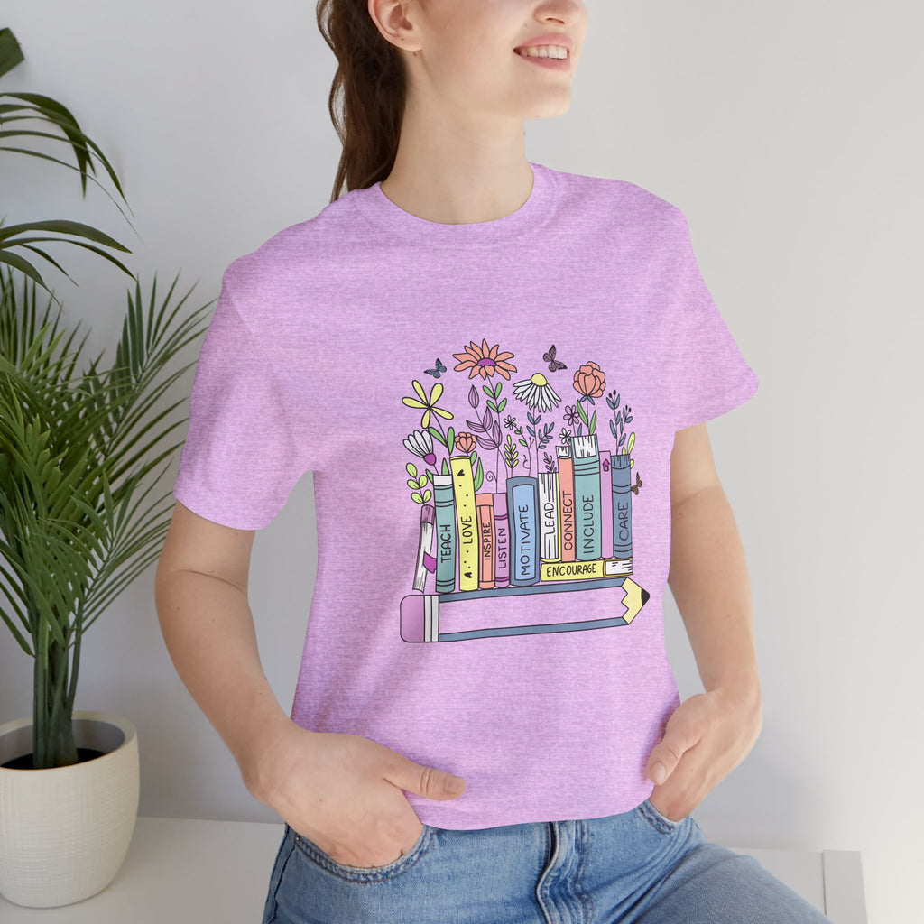Book Lover T‑Shirt — Teacher Floral Books & Pencil Illustration Tee