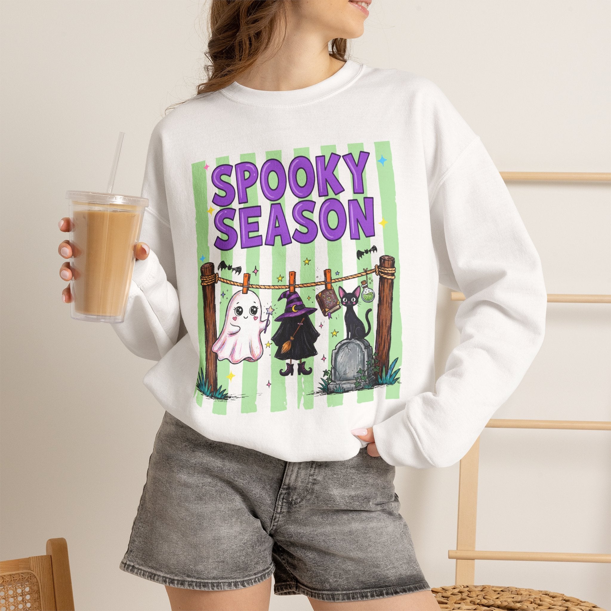 Sweatshirt — "Spooky Season" Ghost, Witch & Cat Halloween Crewneck