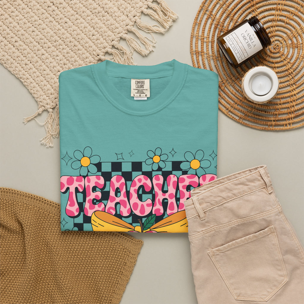 Teacher Floral Bow T‑Shirt — Cute Checkerboard & Heart Design for Educators