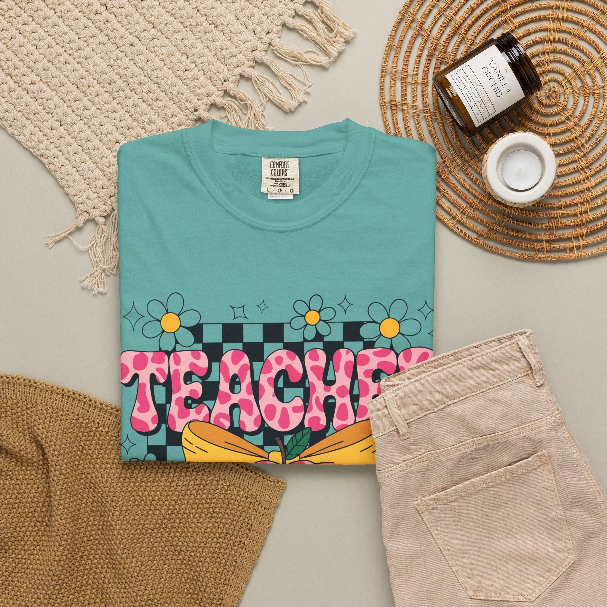 Teacher Floral Bow T‑Shirt — Cute Checkerboard & Heart Design for Educators