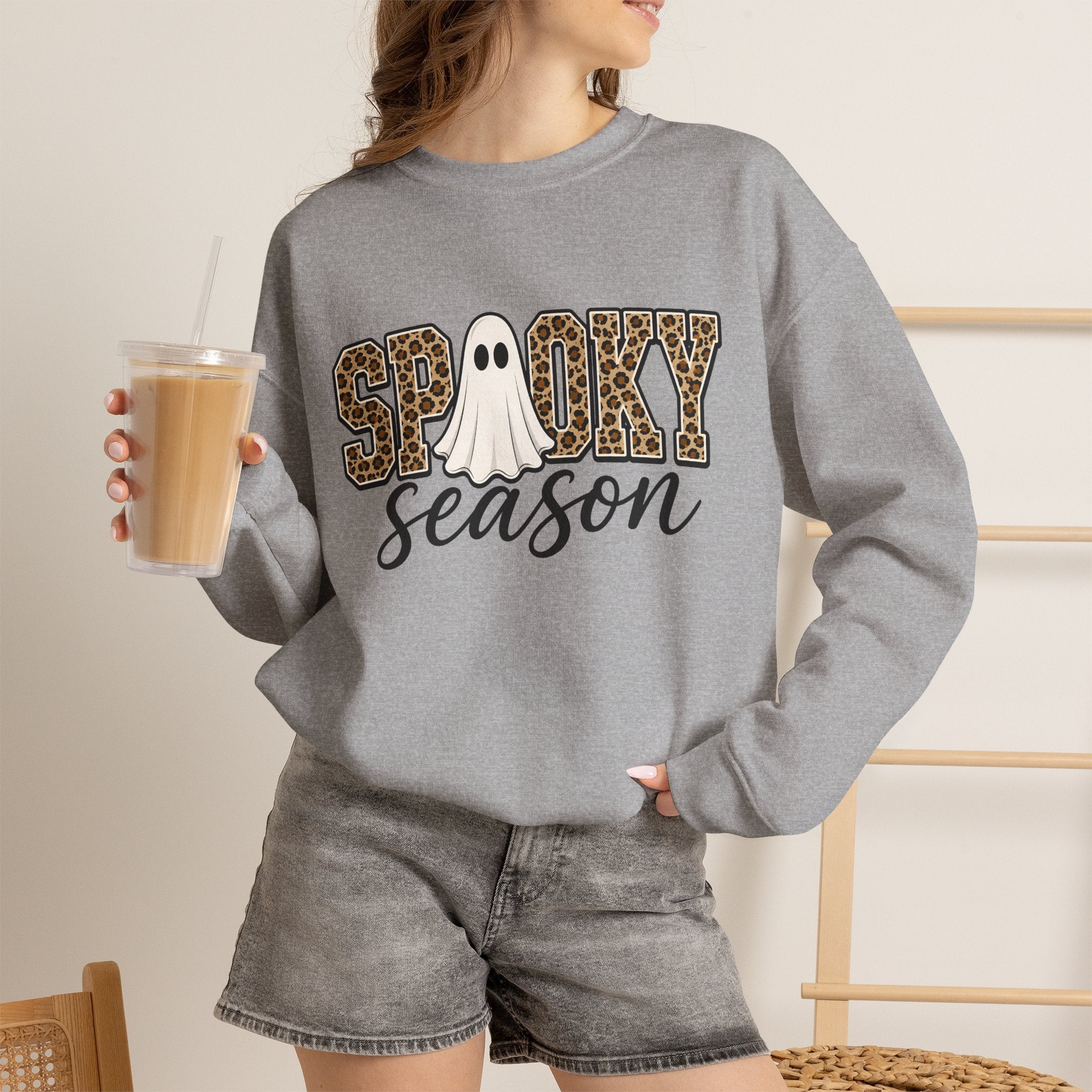Spooky Season Sweatshirt - Leopard Print Ghost Halloween Crewneck