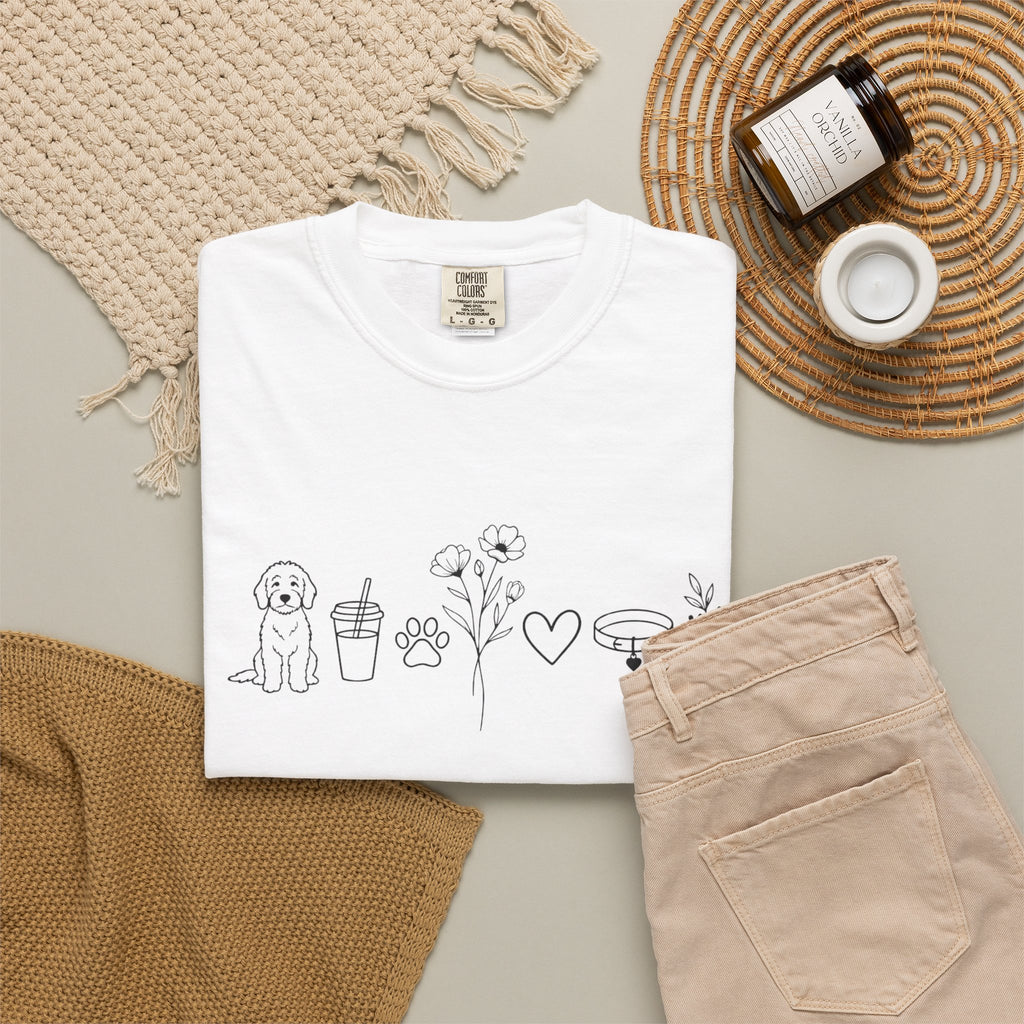 Minimal Doodle and Floral Icons T-Shirt — Coffee, Plants & Dog Line Art Tee