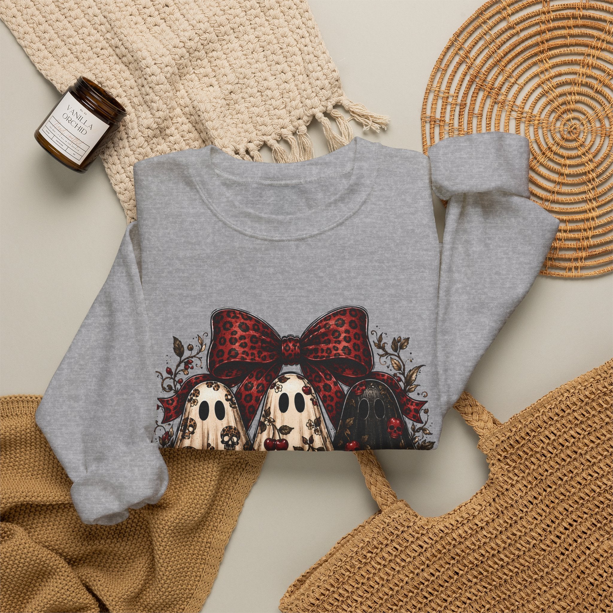 Ghost Trio Floral Crewneck Sweatshirt – Leopard Bow Halloween Pullover