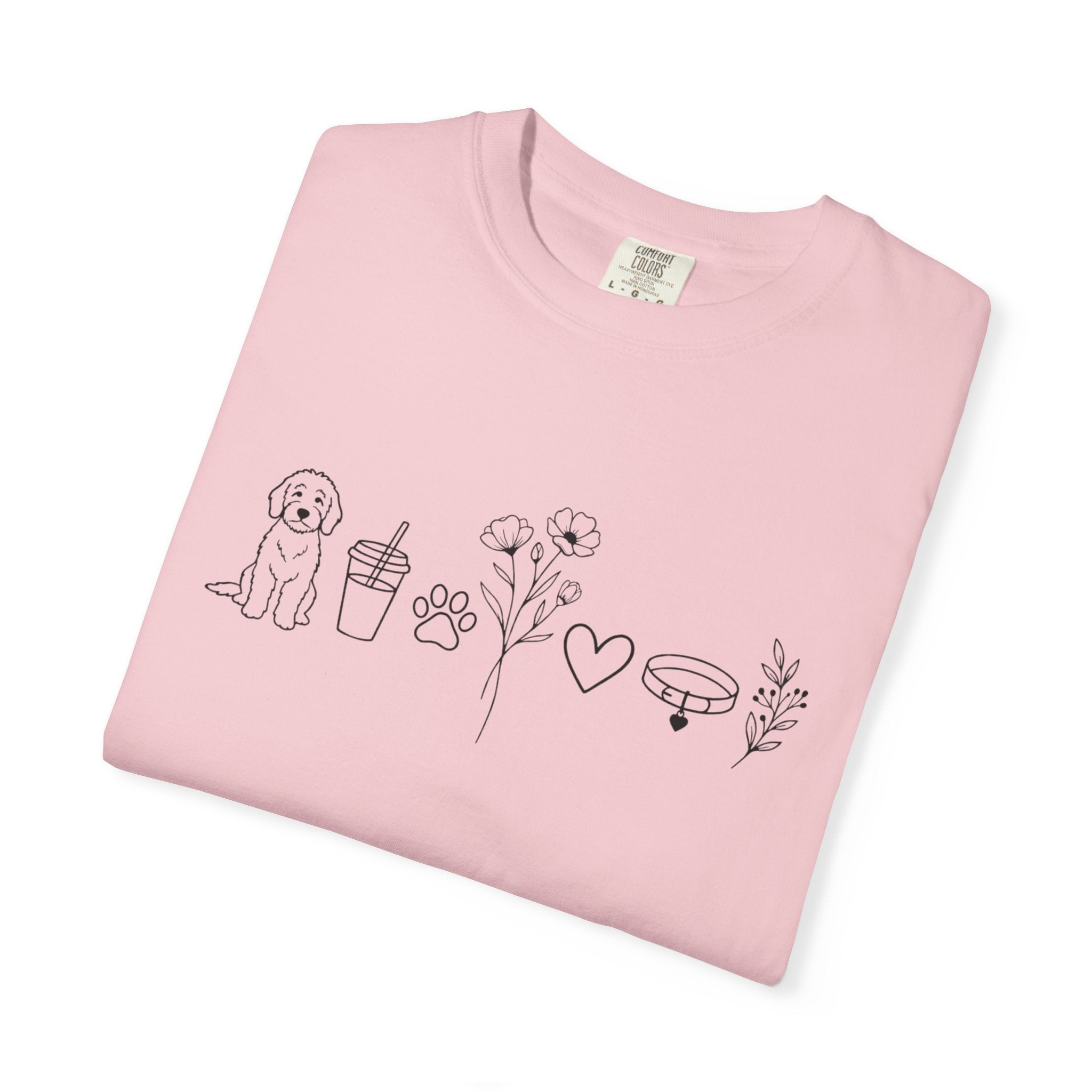Minimal Doodle and Floral Icons T-Shirt — Coffee, Plants & Dog Line Art Tee